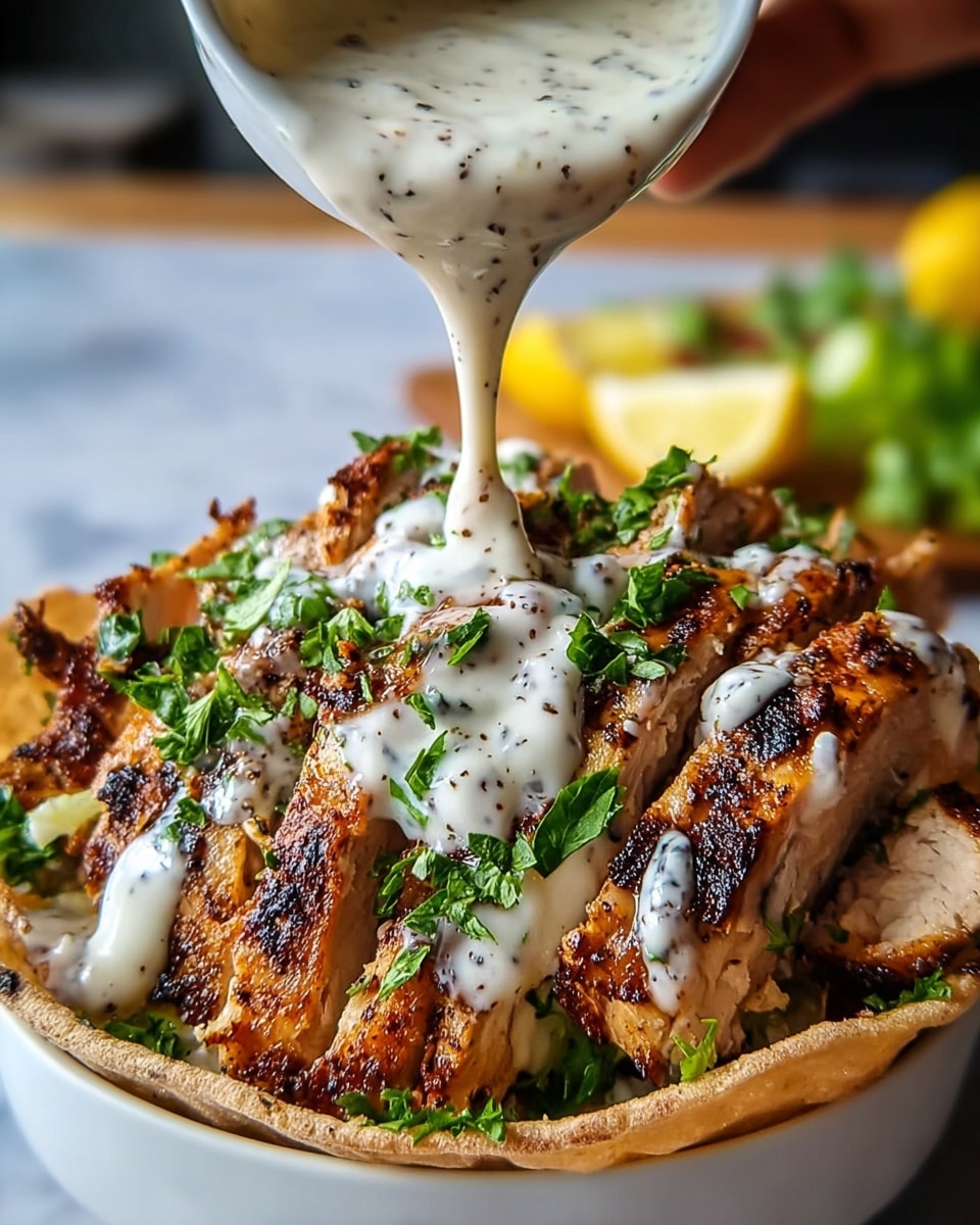 A white bowl filled with several grilled chicken pieces layered over a flat round bread base, the chicken has a dark golden brown color with crispy edges and juicy texture visible inside. Fresh green parsley is sprinkled evenly on top of the chicken, adding color contrast. A creamy white sauce with black specks is being poured over the chicken from above by a woman's hand, the sauce flows thickly and smoothly, covering some parts of the chicken. In the background, there are blurred yellow lemon wedges and some greens, all set on a white marbled surface. Photo taken with an iphone --ar 4:5 --v 7