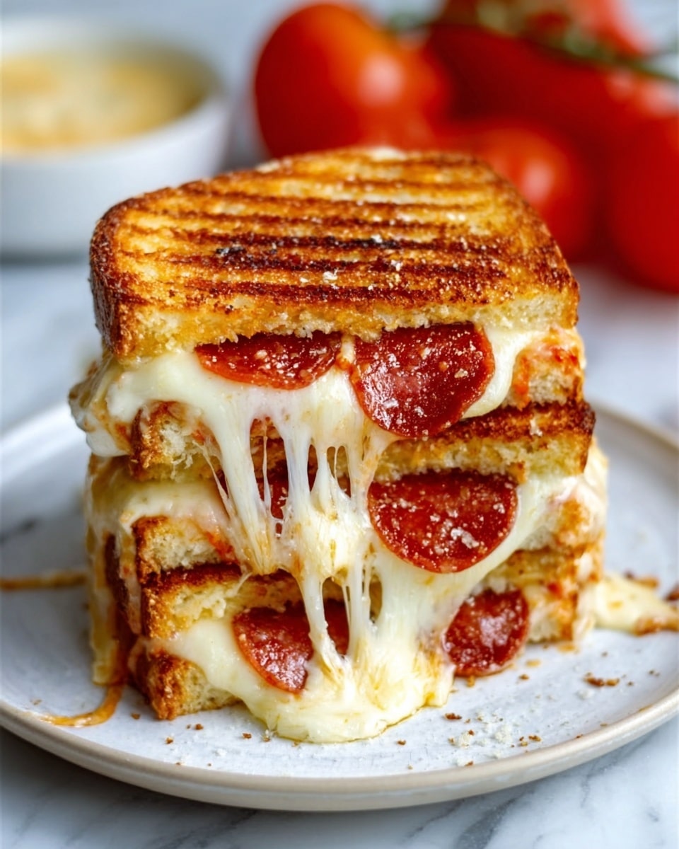 The image shows a grilled cheese sandwich with two layers on a white plate placed on a white marbled surface. The sandwich is cut in half, stacked so the inside is visible, showing melted creamy white cheese stretching between the halves and pepporoni slices with a spicy red color. The bread is golden brown with a crispy texture and some darker toasted spots. There are a few small crumbs on the plate, with blurred red tomatoes and a white dipping sauce in the background. A woman's hand is holding the sandwich on the right side. photo taken with an iphone --ar 4:5 --v 7