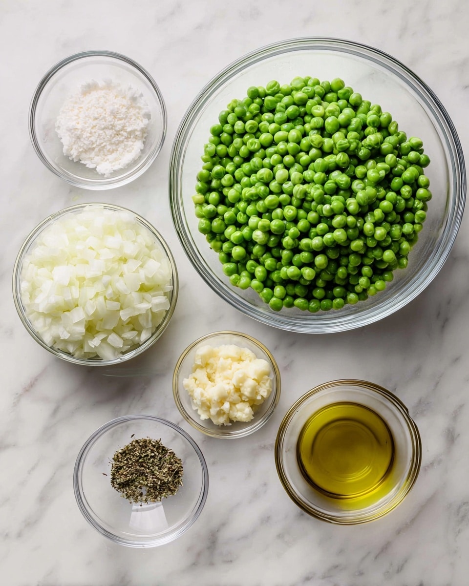 The image shows five clear glass bowls arranged on a white marbled surface. The largest bowl on the right is filled with bright green frozen peas. Next to it on the left is a slightly smaller bowl filled with finely chopped white onions. Below these two larger bowls are three small bowls in a row: one contains minced garlic with a pale yellow color, the next holds a small amount of light golden oil, and the last bowl has a mix of salt and black pepper. Each bowl shows the texture and color of the ingredients clearly, with a clean and fresh appearance. Photo taken with an iphone --ar 4:5 --v 7