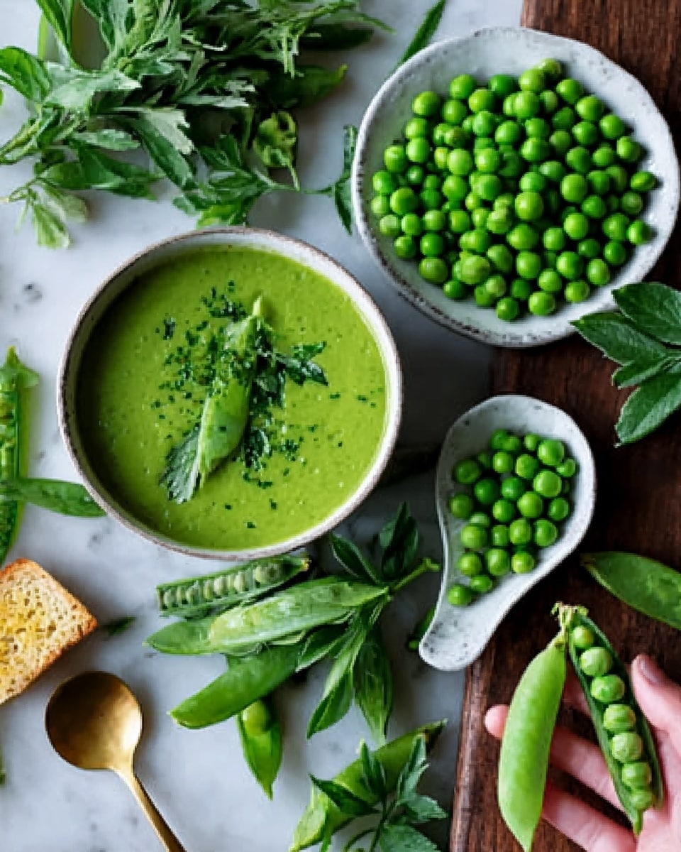 The image shows a white bowl filled with smooth green pea soup, topped with fresh green pea pods and small green leaves, placed on a white marbled surface. Next to the bowl, there is a white plate holding bright green peas with some pea pods around it, and a piece of bread with herbs on the side. A golden spoon lies beside the bowl. The scene is bright, with fresh greens and natural textures highlighting the freshness of the dish. Photo taken with an iphone --ar 4:5 --v 7
