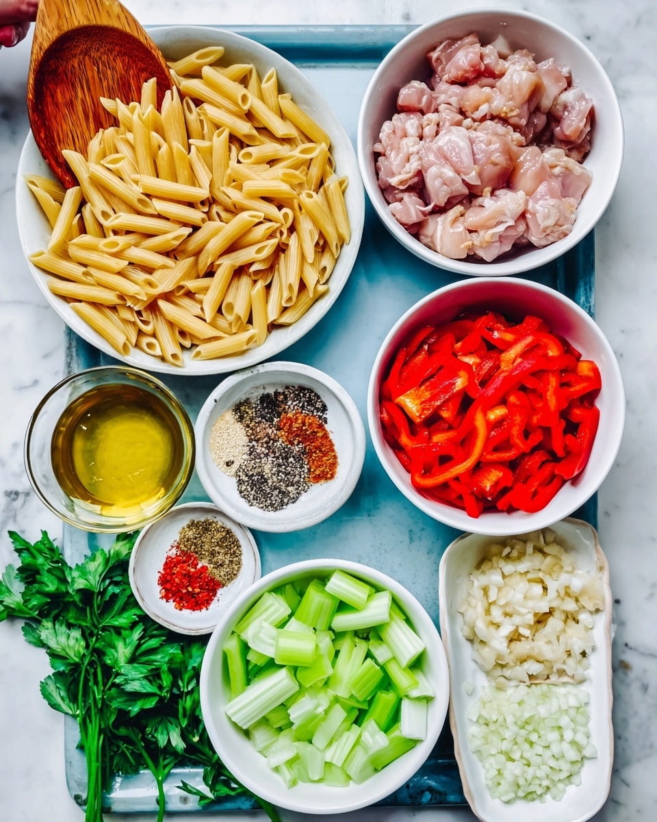The image shows a white plate with uncooked penne pasta, positioned near white bowls, each containing a different ingredient. One bowl holds pieces of raw chicken, another has bright red sliced peppers. There is a small bowl with a mix of red, black, and white spices, and another with a clear liquid that looks like oil. One bowl contains finely chopped onion, and another holds green celery slices. There is a small bowl filled with minced garlic. Fresh green herbs lie beside the bowls on a white marbled surface. A woman's hand holding a wooden spoon is visible in the upper left corner, about to scoop some pasta. photo taken with an iphone --ar 4:5 --v 7