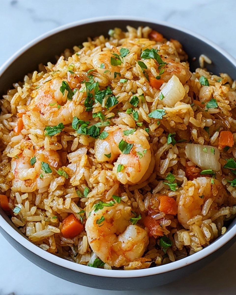 A close-up view of a bowl filled with a shrimp rice dish showing about three layers. The bottom layer is white rice mixed with spices giving it a light brown color and a slightly oily texture. The middle layer contains small pieces of cooked carrots and onions cut into chunks, scattered evenly throughout the rice. The top layer features several cooked shrimp with a pinkish-orange color, slightly curled, and sprinkled generously with chopped green herbs for a fresh contrast. The bowl is white with a smooth texture, set on a white marbled surface. Photo taken with an iphone --ar 4:5 --v 7