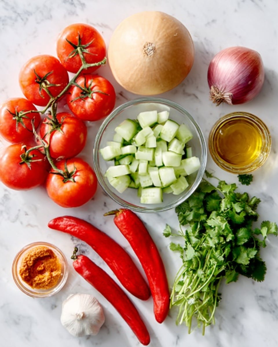 A white marble surface holds a variety of fresh ingredients arranged neatly: a bunch of red tomatoes still on the vine with smooth shiny skin, a clear glass bowl filled with pale green chopped cucumber pieces showing a watery texture, two long bright red chili peppers with a shiny, smooth look, a whole round light purple onion with a papery outer layer, a round butternut squash with creamy beige skin and a small round mark on top, a bulb of fresh garlic with a white papery shell, a bunch of bright green cilantro with delicate leaves, a small glass bowl filled with a clear golden liquid resembling oil, and another small glass bowl holding an orange-brown paste with a creamy texture. photo taken with an iphone --ar 4:5 --v 7