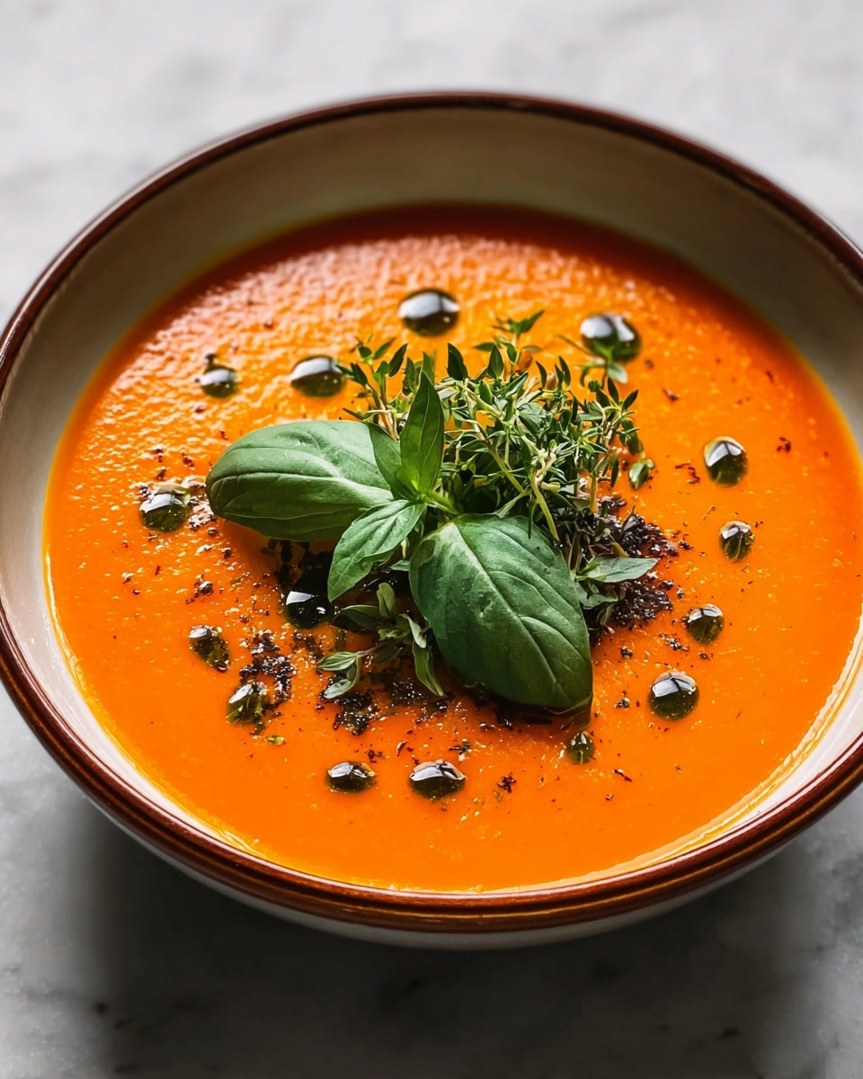 A bowl filled with smooth bright orange soup forms the base layer, topped with small dark green drops of oil scattered around the surface. In the center, there is a layered pile of fresh green herbs, including larger, glossy basil leaves on top and smaller thyme sprigs underneath. The bowl is white with a thin brown rim, and it sits on a white marbled surface. The light highlights the shiny texture of the soup and the details of the herbs very clearly photo taken with an iphone --ar 4:5 --v 7