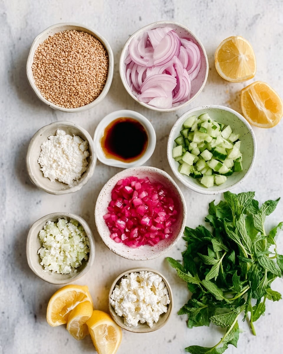 The image shows seven small white bowls arranged on a white marbled surface, each filled with different ingredients. There is a bowl with light brown grains, another with pink sliced onions, and a small bowl containing a dark brown liquid. One bowl has white powder, another has light green chopped vegetables, and a bowl with white crumbly cheese. A bowl is filled with red diced vegetables, and two lemon wedges sit next to a bunch of green leafy herbs at the bottom right. The composition is clean and bright. photo taken with an iphone --ar 4:5 --v 7
