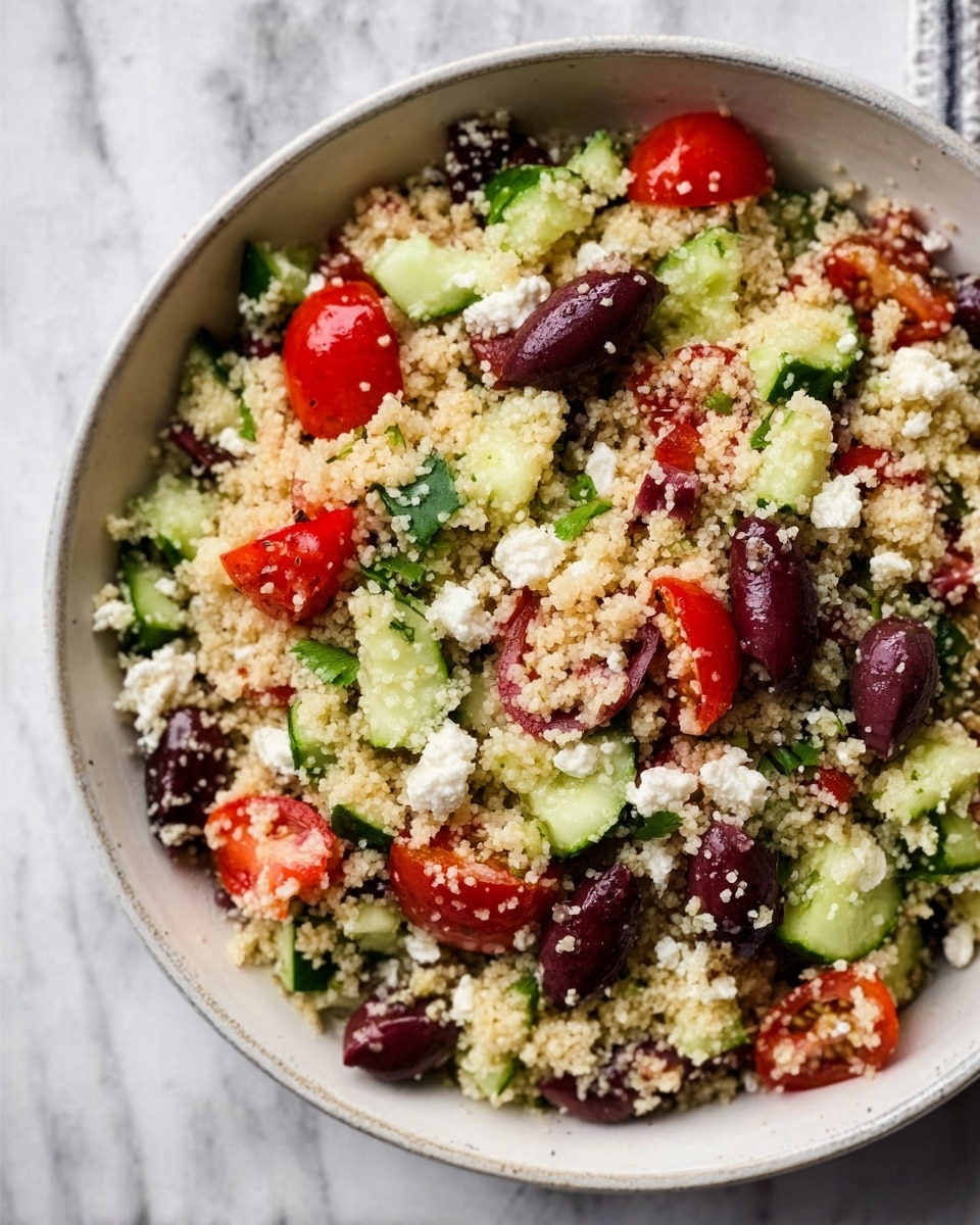 A white bowl filled with layered couscous salad showing small, light beige couscous grains mixed with chopped bright green cucumber pieces and halved red cherry tomatoes. On top, there are dark purple Kalamata olives spread around, with crumbled white feta cheese scattered evenly. The textures look fresh and slightly crumbly, with the colors clearly separated and vivid against the white marbled surface beneath. photo taken with an iphone --ar 4:5 --v 7