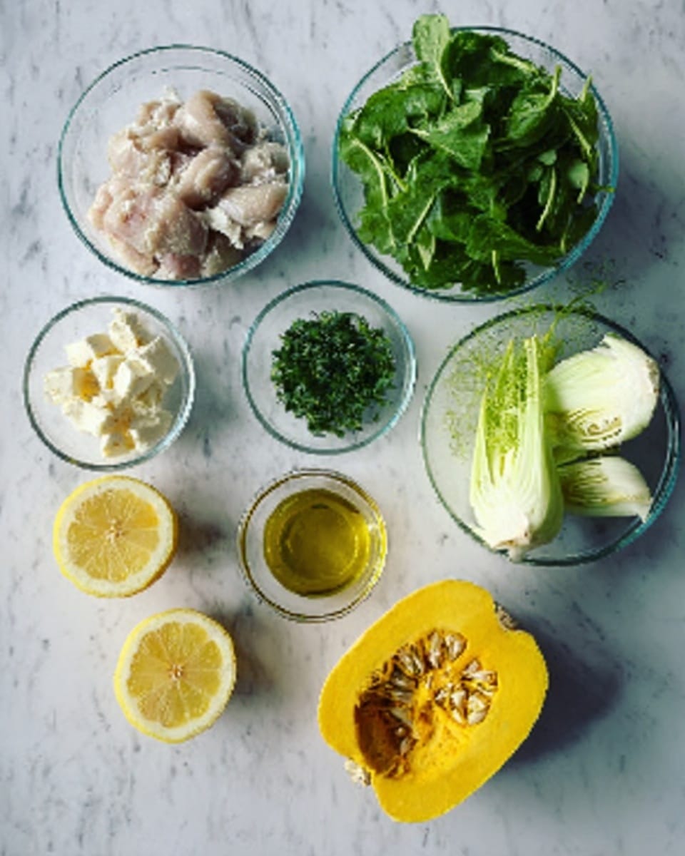 The image shows several clear glass bowls and items arranged on a white marbled surface. In the top left glass bowl, there are pale pieces of raw chicken. To the right, a small glass bowl holds chopped green herbs, and next to it, another bowl contains small white cheese pieces. In the top right, a larger bowl is filled with fresh green spinach leaves. Below the chicken bowl, fresh fennel and a small glass bowl with golden olive oil are visible. Near the center, two lemon halves are placed on the surface, with one half showing seeds. On the bottom right, there is a halved yellow squash with the inside facing up. The arrangement is neat, with a focus on fresh ingredients. Photo taken with an iphone --ar 4:5 --v 7