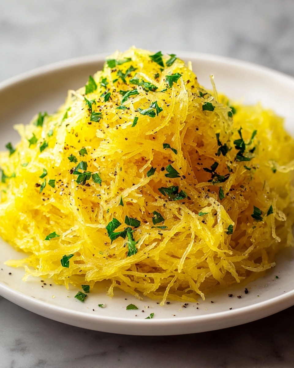A white plate holds a pile of yellow spaghetti squash strands with a soft, fibrous texture. The strands are loosely layered to form a small mound in the center, sprinkled with small pieces of finely chopped green parsley that add contrast and freshness. Tiny black specks of ground pepper are scattered over the top, enhancing the texture and giving it a slightly speckled look. The plate is set on a white marbled surface. photo taken with an iphone --ar 4:5 --v 7
