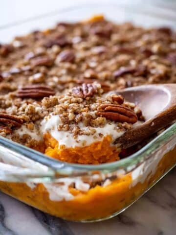 Sweet Potato Casserole with Pecan Topping and Marshmallows Recipe