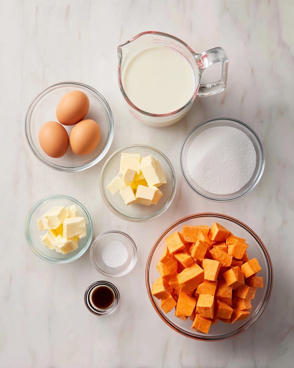 The image shows seven clear glass bowls and a glass measuring cup arranged neatly on a white marbled surface. In the largest bowl on the right, there are many small cubes of orange sweet potato. Next to it, a medium bowl contains white granulated sugar. Above that, the glass measuring cup holds white milk. To the left of the sugar, a smaller bowl has two brown eggs. Above the eggs is a bowl with several small chunks of yellow butter. Near the butter is a tiny bowl of white salt, and below is a small bowl of dark brown vanilla extract. The overall composition is clean and minimal, with all containers transparent and clearly showing the contents photo taken with an iphone --ar 4:5 --v 7