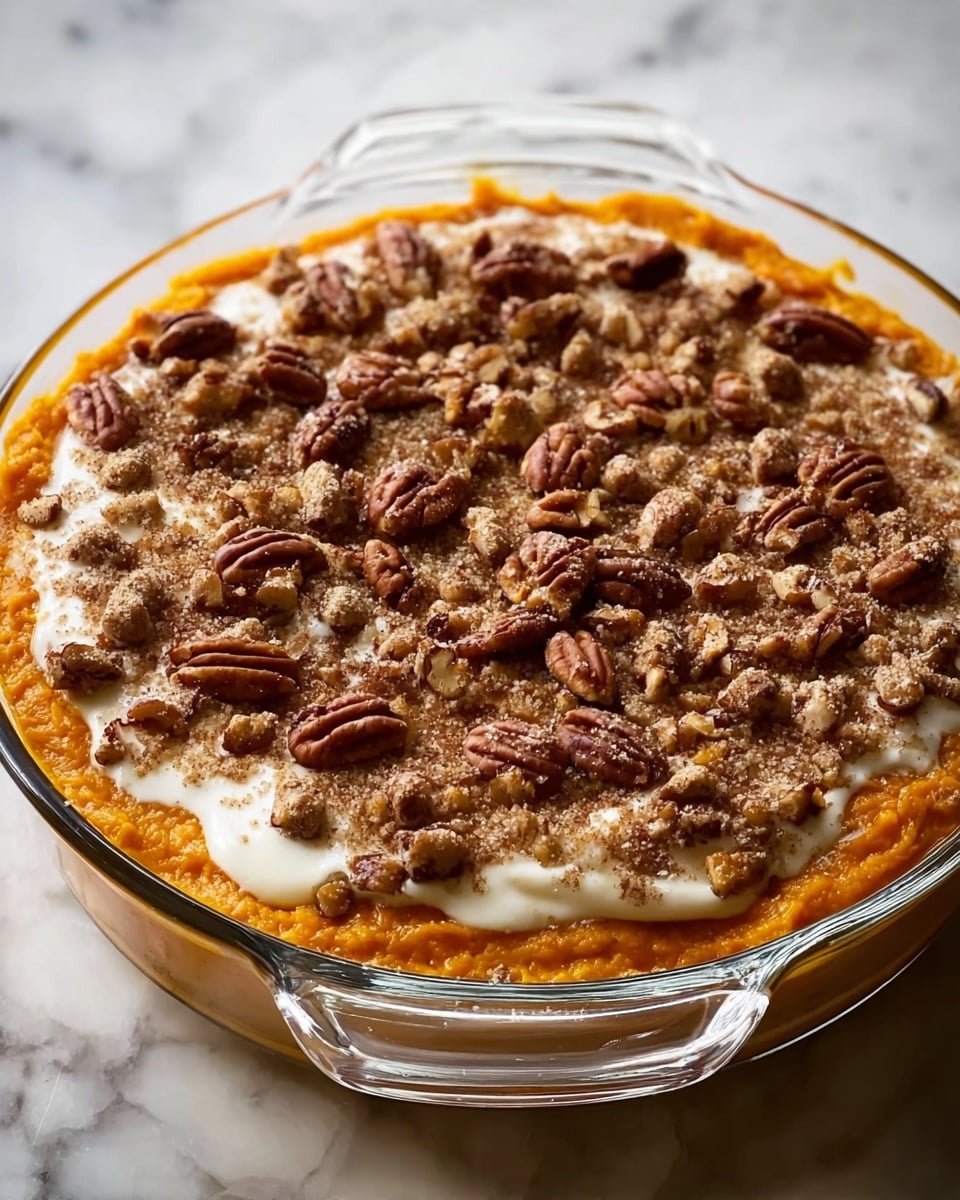 The image shows a round clear glass dish filled with a three-layer sweet potato casserole. The bottom layer is a smooth, bright orange mashed sweet potato mixture. The middle layer is a white creamy sauce that spreads evenly across the sweet potatoes. The top layer is a crumbly golden brown streusel topping with scattered pecan halves, adding a crunchy texture and dark brown color contrast. The dish is placed on a white marbled surface with soft natural light, highlighting the warm colors and textures of the casserole. photo taken with an iphone --ar 4:5 --v 7