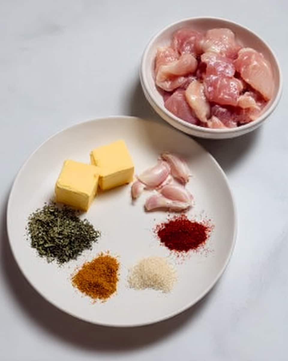 The image shows a white plate with six neatly placed ingredients arranged in a circular pattern: two small blocks of yellow butter, a small pile of dark green chopped herbs, two pieces of pink garlic cloves, a small heap of reddish-brown powder, a tiny mound of orangish-red powder, and a small piece of light pink raw chicken. To the right of the plate, there is a white bowl filled with more pieces of raw chicken. The surface underneath is a white marbled texture. Photo taken with an iphone --ar 4:5 --v 7