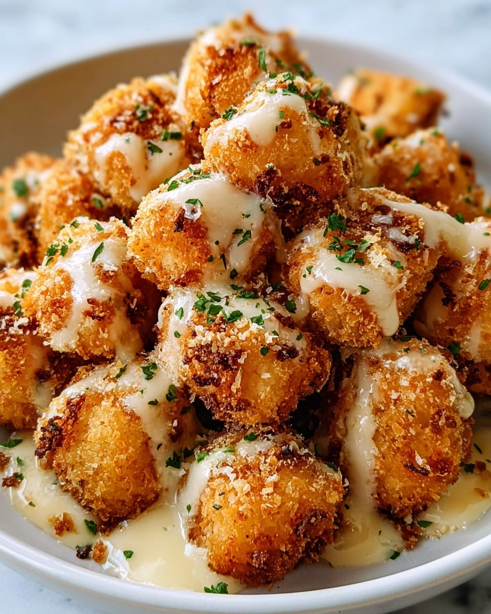 A white bowl filled with many small, round, golden-brown crispy balls, each coated with a crunchy texture. Light cream-colored melted cheese sauce is drizzled unevenly over the balls, creating a shiny layer on top. Small green chopped herbs are sprinkled over the dish, adding color contrast. The balls have a rough, crunchy outside with some darker toasted spots. The background surface is white marbled texture. Photo taken with an iphone --ar 4:5 --v 7