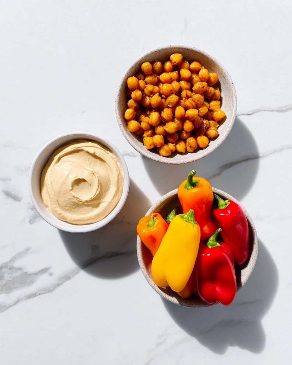 The image shows three white dishes on a white marbled surface. The first bowl contains a smooth, creamy light beige dip with a soft texture. The second bowl holds small, round, golden-brown roasted chickpeas with a slightly crispy look. The third dish is filled with small, colorful mini bell peppers that are bright red, yellow, and orange with smooth, shiny skins. Shadows from soft light fall on the surface, adding depth to the scene. photo taken with an iphone --ar 4:5 --v 7