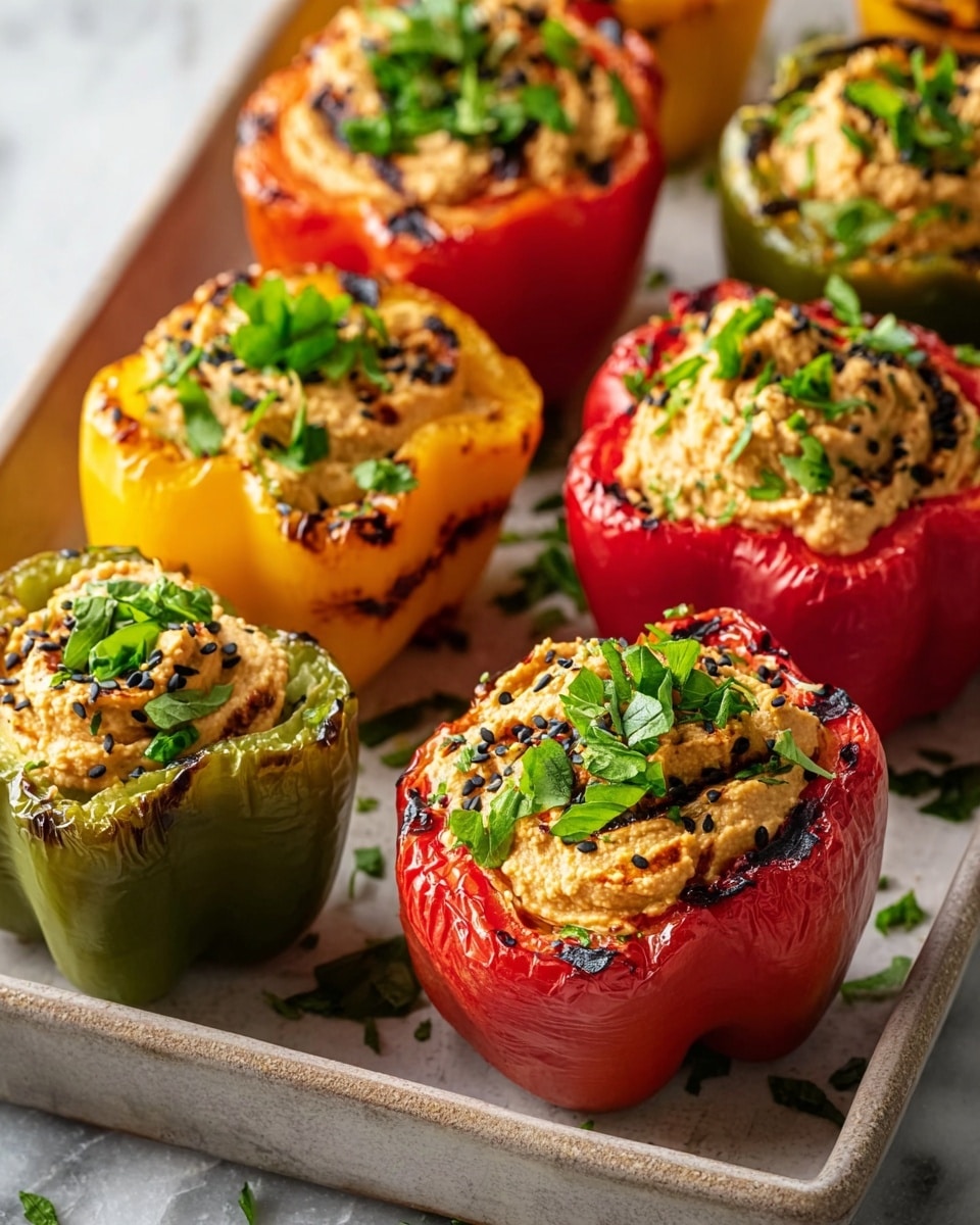 The image shows several grilled bell pepper halves in red, yellow, and green colors, arranged neatly on a light-colored tray. Each pepper half is filled with a creamy, slightly browned hummus layer topped with green chopped herbs and a few black sesame seeds, adding texture and color contrast. The peppers have grill marks indicating they were cooked, and the surface has scattered herb pieces. The overall setting is on a white marbled textured surface, giving a clean and fresh look. Photo taken with an iphone --ar 4:5 --v 7