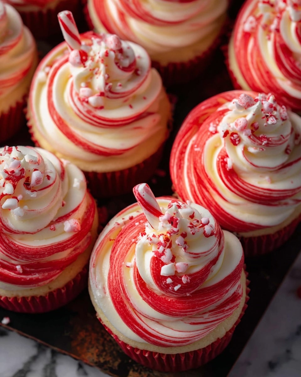 This image shows several cupcakes with two-tone frosting swirled in a circular pattern, with red and white colors blending together on top. Each cupcake has a smooth, spiral layer of thick creamy frosting that forms a pinwheel effect, starting from the center and spreading outward. Small red and white candy pieces are scattered on the frosting, and each cupcake also has a small red and white striped candy cane sticking out from the swirl. The cupcakes are arranged close together on a dark tray with a white marbled texture background. photo taken with an iphone --ar 4:5 --v 7