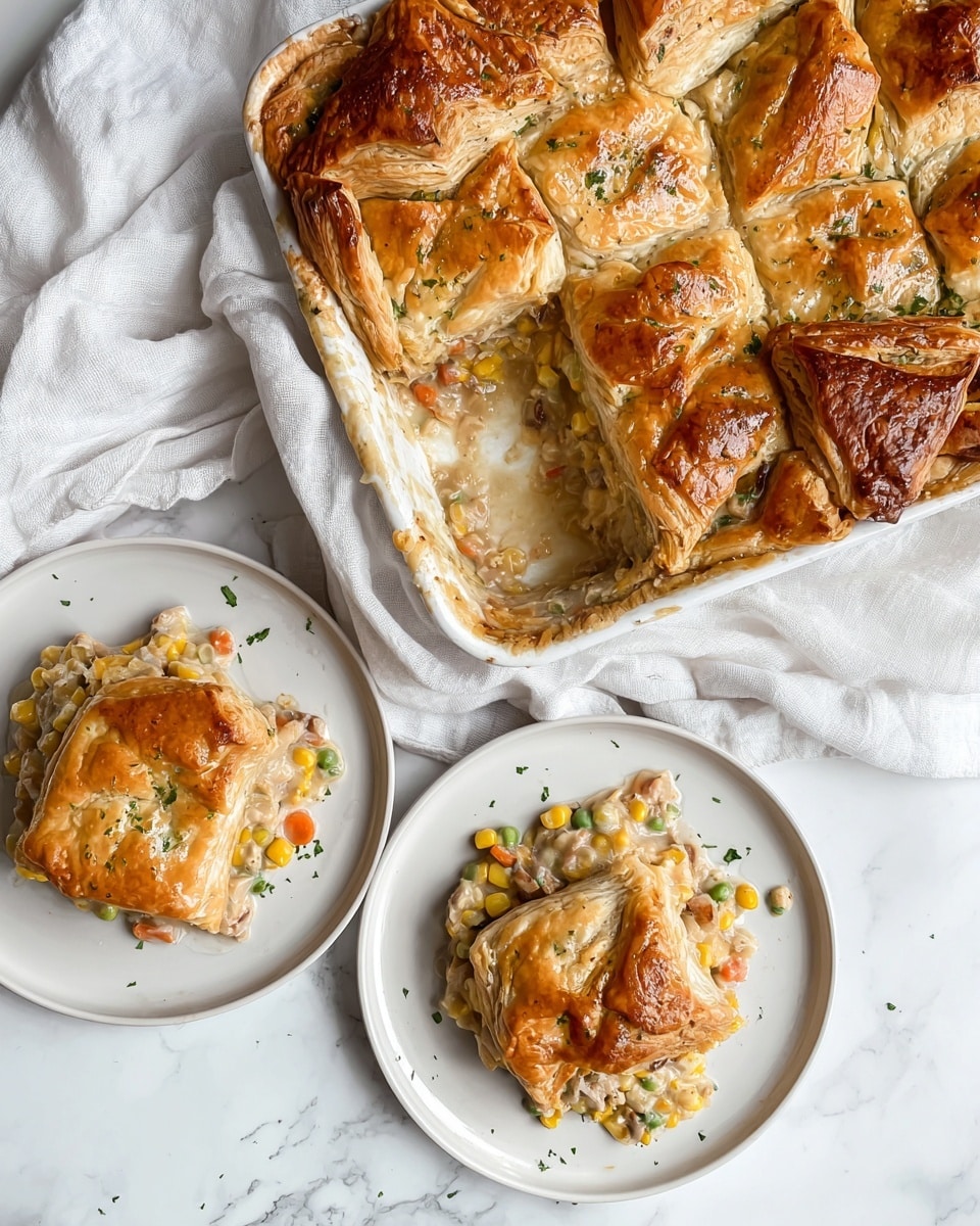 The image shows a white baking dish with a golden brown pie crust on top, cut into squares. The crust is shiny and flaky with a few green herb pieces scattered across. Inside the pie, there is a creamy filling with visible pieces of corn, diced carrots, and bits of meat in a light beige sauce. Two white plates sit below the baking dish, each holding a square slice of the pie with the crust on top and the creamy filling underneath, slightly spilling out onto the plates. The scene is set on a white marbled surface with a soft white cloth draped around the dish and plates. photo taken with an iphone --ar 4:5 --v 7