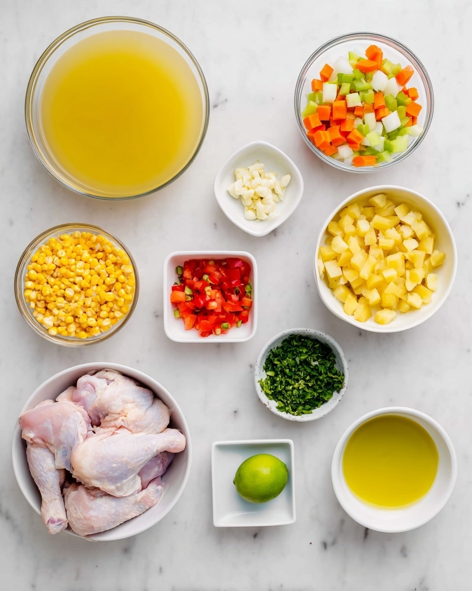 The image shows an arrangement of clear glass and white bowls with different ingredients on a white marbled surface. Starting from the top left, there is a large bowl filled with a yellow liquid broth. Next to it on the right, a medium bowl holds diced white onion, orange carrot, and green celery in small cubes. To the right of that is another medium bowl filled with small yellow potato cubes. Below these, a white bowl contains bright yellow corn kernels. Next to it, a small square white dish has minced garlic. In the center, there is a small round white bowl with red diced tomatoes, and beside it, a small white bowl with finely chopped fresh green herbs. To the right of that is a large bowl holding raw pale pink chicken wings with skin. Below these, on the bottom center, a small round white bowl contains light yellow oil, and to the right is another small bowl with chopped green onions. A lime sits near the middle of the scene. All items are neatly placed on the smooth white marbled surface. photo taken with an iphone --ar 4:5 --v 7