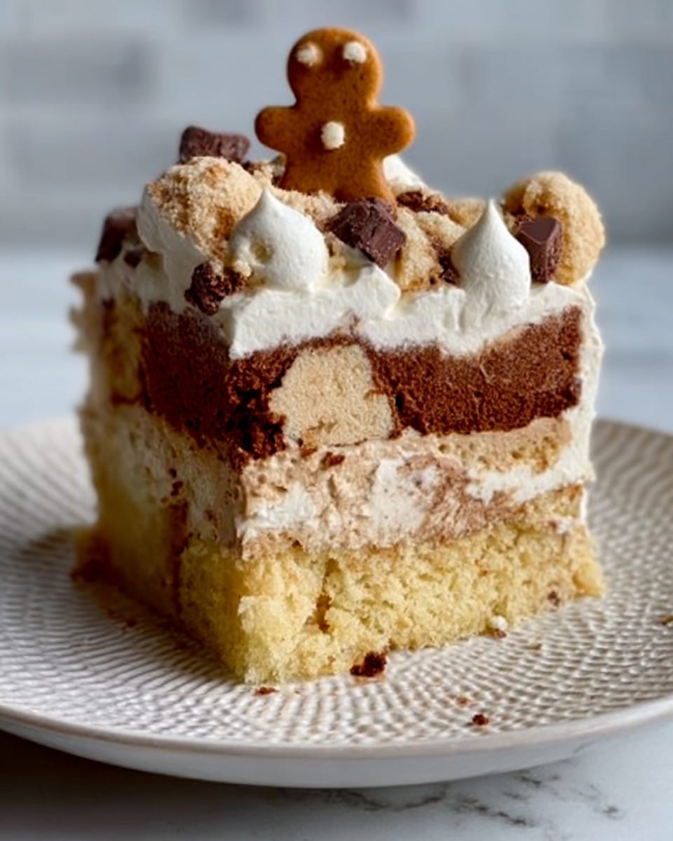 The image shows a close-up of a thick slice of cake on a white textured plate, placed on a white marbled surface. The cake has three main layers: the bottom layer is light yellow with a soft spongy texture, the middle layer is a darker caramel color, and the top layer is a mixed cream and sponge with visible darker bits inside. Above the top layer, there is a layer of fluffy white whipped cream with chocolate dollops and crumbs spread unevenly. On top of the whipped cream, a small gingerbread man cookie stands upright as decoration. The photo taken with an iphone --ar 4:5 --v 7