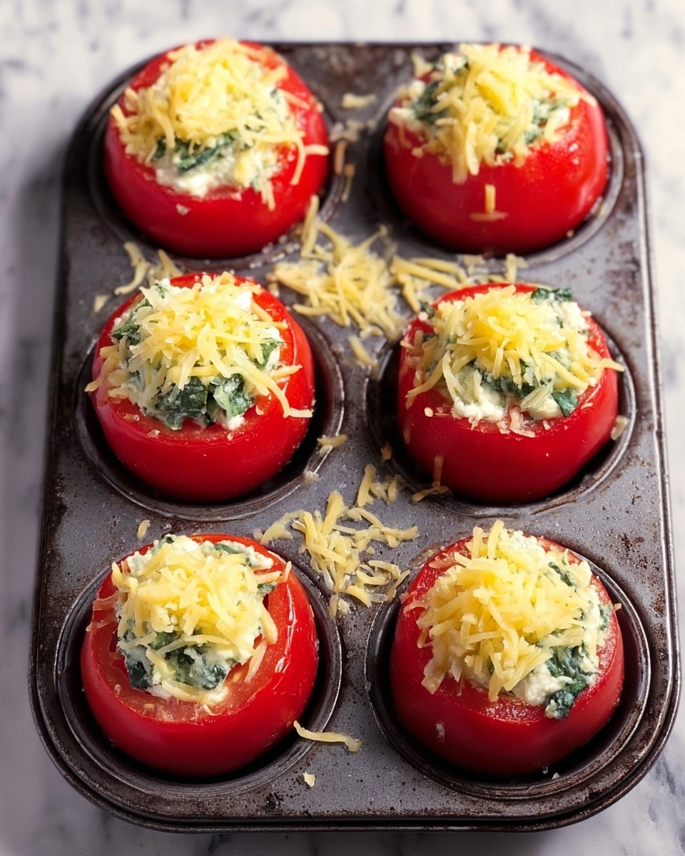 The image shows a dark metal muffin tray holding nine bright red hollow tomatoes, each filled with a creamy white mixture that includes green leafy pieces. On top of each filled tomato is a small pile of shredded yellow cheese. The tomatoes are arranged in three neat rows of three, and the tray rests on a white marbled surface. The colors of red tomatoes, white filling, green leaves, and yellow cheese create a fresh and inviting look. Photo taken with an iphone --ar 4:5 --v 7
