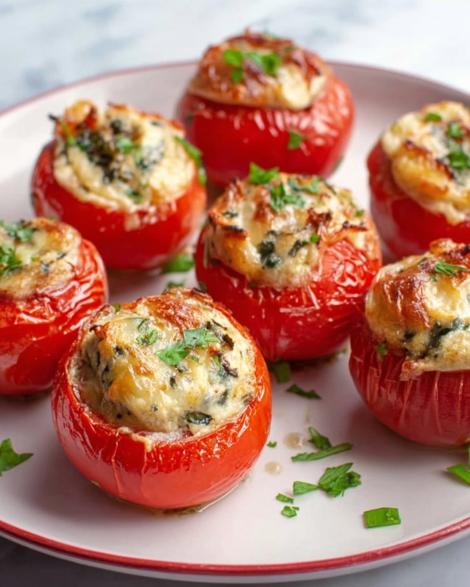 The image shows six stuffed tomatoes placed on a white plate with a thin red border, sitting on a white marbled surface. Each tomato is hollowed out and filled with a creamy mixture that is light beige and slightly browned on top, with visible green herbs and some melted cheese with a slightly bubbly texture. The tomatoes themselves are bright red, slightly wrinkled from cooking, and the stuffing is mounded, rising just above the tomato rim. Small pieces of chopped green herbs are scattered around the tomatoes on the plate. Photo taken with an iphone --ar 4:5 --v 7