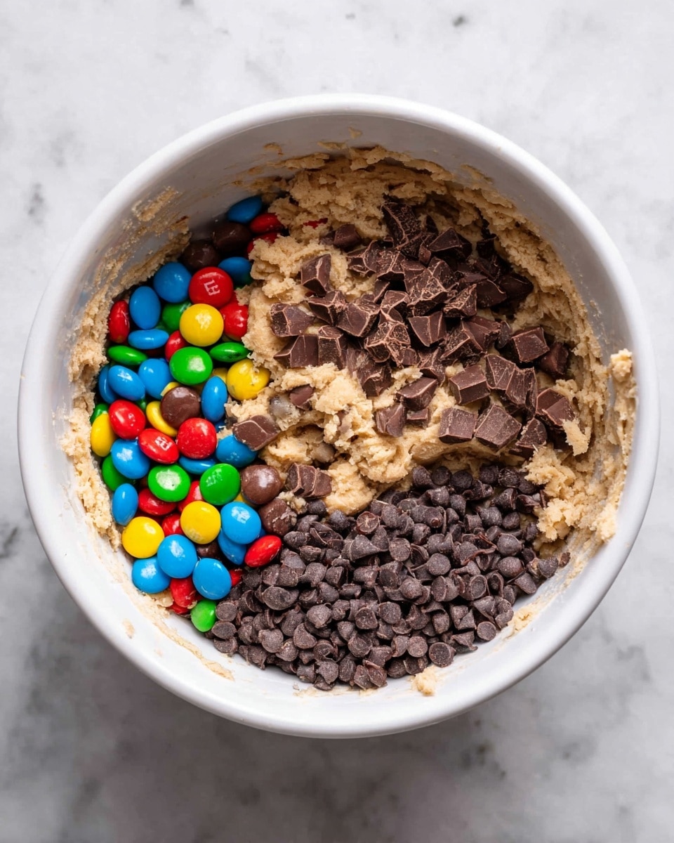 A white bowl filled with light brown cookie dough as the base layer, topped unevenly with three different types of chocolate candies in distinct sections: bright, multicolored candy-coated chocolates on the left side adding vibrant spots of red, blue, green, yellow, and orange; medium-sized dark brown chocolate chunks arranged in the middle; and small, dark chocolate chips piled on the right center. The bowl sits on a white marbled surface, and the inside of the bowl has some dough stuck to the sides. photo taken with an iphone --ar 4:5 --v 7