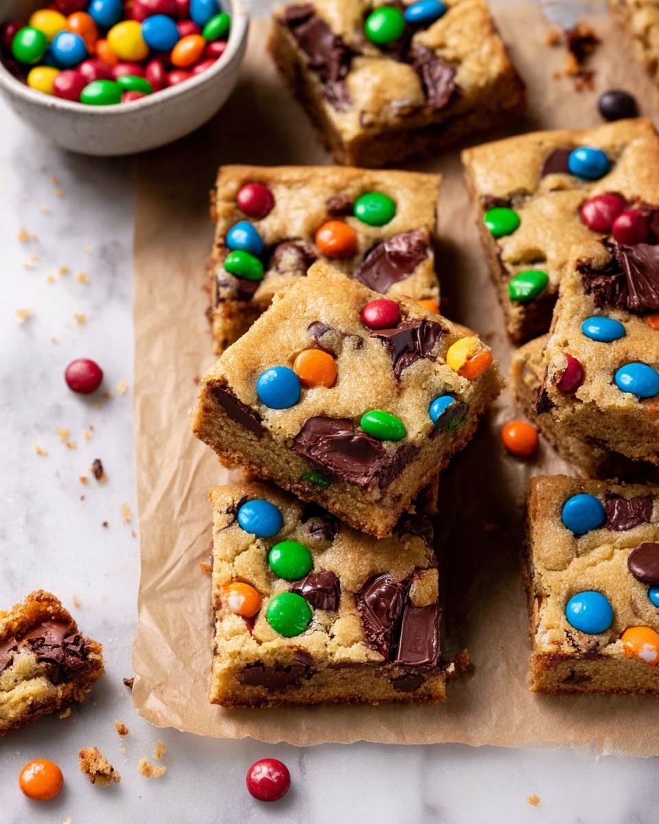 The image shows a group of square cookie bars stacked unevenly on light brown parchment paper over a white marbled surface. The bars have a golden-brown color with a soft and slightly crumbly texture. Scattered on top and inside the bars are colorful round candy pieces in red, green, blue, orange, and yellow, along with melted dark brown chocolate chunks. Some candy pieces are cracked, revealing their inner chocolate, and a few small crumbs and candies lie around the edges on the surface. A white bowl filled with more colorful candies is partially visible in the top left corner of the image. photo taken with an iphone --ar 4:5 --v 7