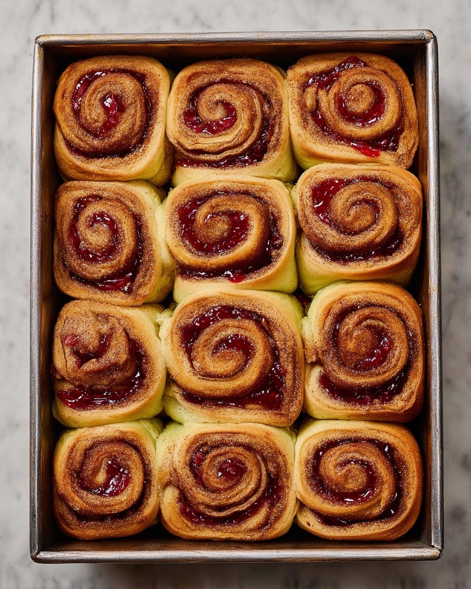 This image shows a metal baking tray filled with twelve cinnamon rolls arranged in a 3 by 4 grid. Each roll has a spiral shape, with golden-brown dough forming the outer layer and a darker brown cinnamon-sugar filling in the swirls. Bright red jam or fruit filling is spread evenly within the spirals, adding a shiny, sticky texture that peeks out between the cinnamon layers. The rolls are packed close together, touching each other and filling the entire tray. The tray is placed on a white marbled surface. photo taken with an iphone --ar 4:5 --v 7