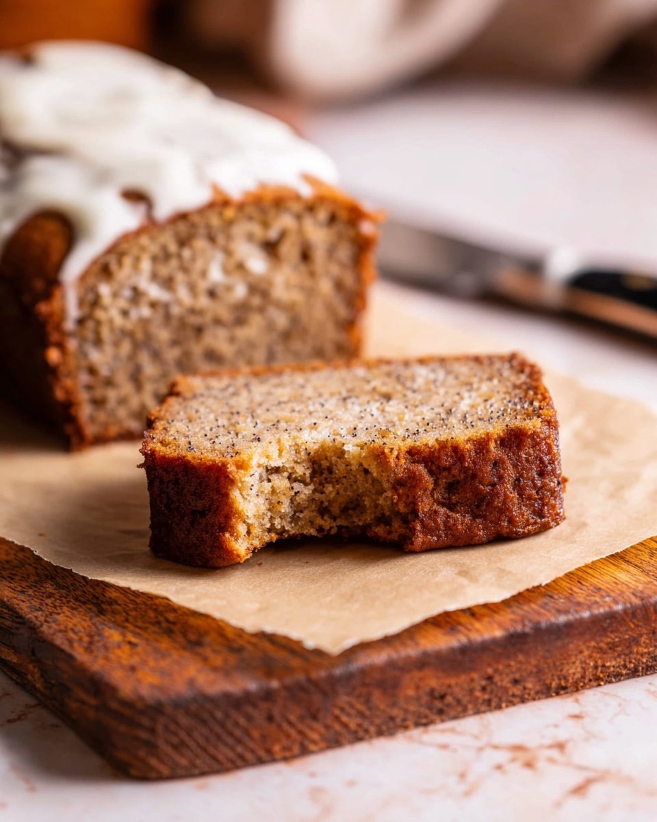 A brown banana bread slice with a soft, moist texture and small dark specks, placed on light brown parchment paper on a wooden board, showing a small bite taken from one corner revealing the inner crumb. Behind it, a larger portion of the same bread is visible with a thin layer of white icing spread unevenly on top. The background has a white marbled texture, and in the corner, part of a silver knife handle is visible. Photo taken with an iphone --ar 4:5 --v 7
