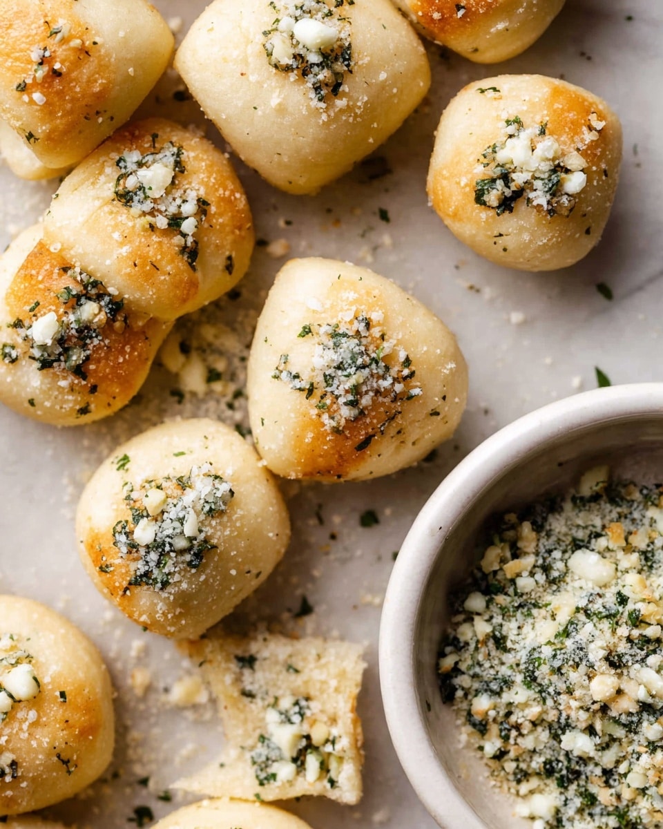 Small, soft dough bites are spread on a white marbled surface, each bite topped with a small mound of finely chopped herbs and coarse salt mixed with grated cheese. The dough pieces are light golden in color with a slightly browned bottom, and the herb and cheese topping adds specks of green and white contrast. To the right side, a white bowl holds more of the same herb and cheese mixture, resting near the dough bites. Photo taken with an iphone --ar 4:5 --v 7