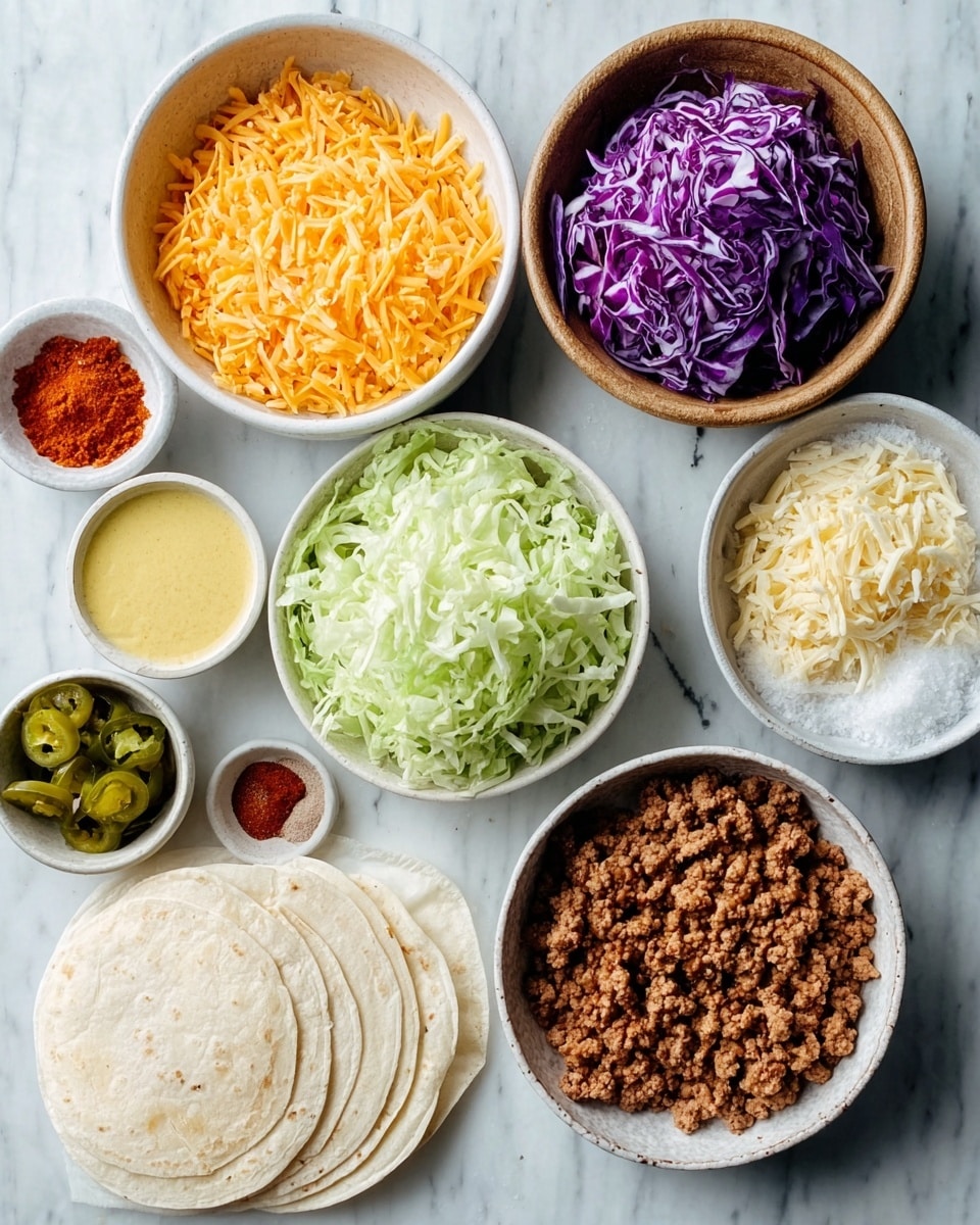 The image shows a top view of a food arrangement on a white marbled surface, featuring multiple small white bowls arranged in a circle. One bowl contains finely shredded light orange cheese, another has finely shredded light green lettuce, and a third holds shredded purple cabbage. A larger white plate holds ground cooked meat with a brown color. Nearby, a small white bowl contains pickles with a greenish color, while another small bowl has white crumbly cheese. There are three tiny white bowls containing a light yellow sauce, coarse salt, and red spice powder. To the left of the bowls are stacked light beige flat tortillas. The overall scene is clean and organized, with a woman’s hand about to reach for the cheese bowl. Photo taken with an iphone --ar 4:5 --v 7