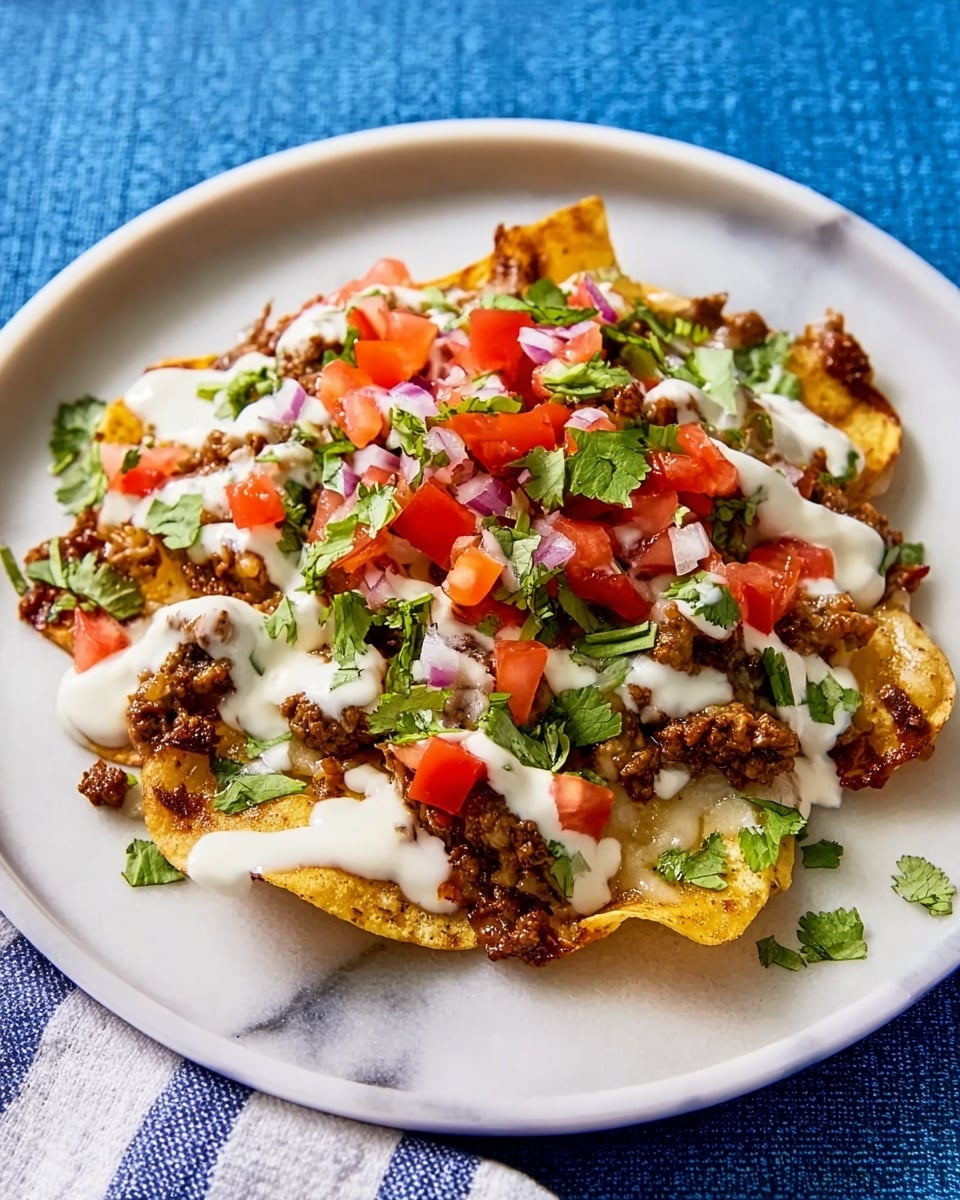 The dish shows a white plate with several golden brown crispy chips as the base layer, unevenly placed. On top, there is a layer of dark brown cooked ground meat spread across the chips. Over the meat, scattered bright red diced tomatoes and small pieces of white onion create a fresh layer. There is also a drizzle of smooth white sauce across the whole dish. Green cilantro leaves are sprinkled on top for a fresh touch. The plate sits on a white marbled surface with a blue and white striped cloth nearby. Photo taken with an iphone --ar 4:5 --v 7