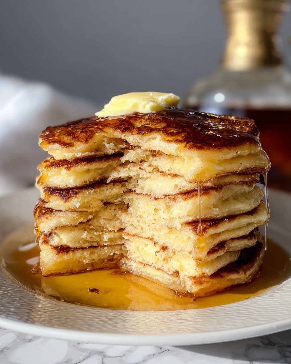 A stack of six thick, golden-brown pancakes sits on a white plate with a white marbled texture underneath. Each pancake layer shows a soft, fluffy inside with slightly darker, crispy edges, and there is syrup pooling and dripping between the layers and on the plate. A dollop of melting pale yellow butter rests on the top pancake, slightly spreading over the warm surface. In the blurred background, there is a glass syrup bottle with a golden top. The photo taken with an iphone --ar 4:5 --v 7