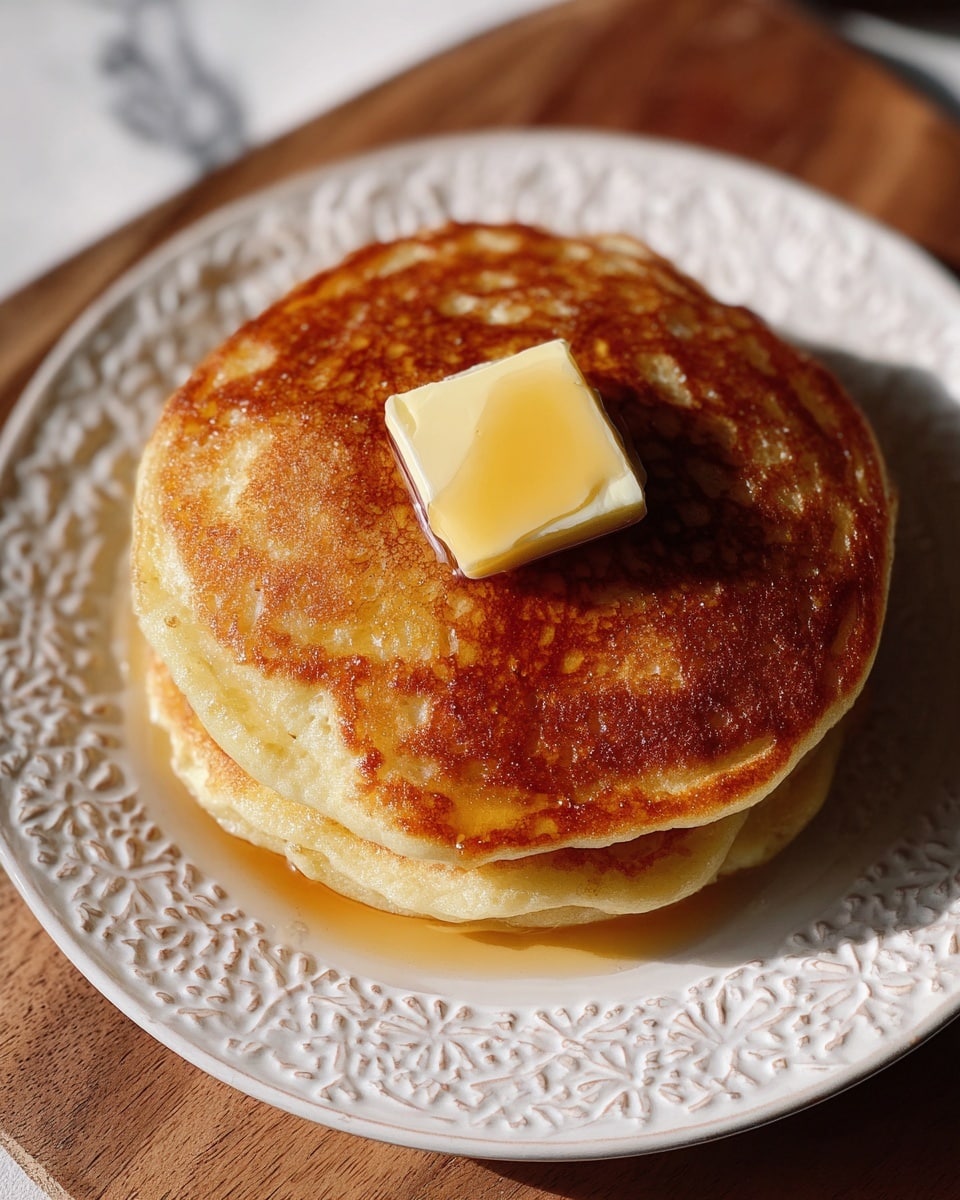 A stack of three golden-brown pancakes with a slightly crisp edge sits at the center of a white decorative plate with an embossed floral pattern. On top of the stack is a square pat of butter, pale yellow and slightly melting, with a small shiny drip of syrup on it. The pancakes have a soft, fluffy texture with some visible bubbles and a warm, even browning. A small amount of syrup glistens around the butter, soaking slightly into the top pancake. The plate rests on a wooden surface, but the background has been changed to a white marbled texture. The light creates a warm and appetizing shine on the pancakes and butter. photo taken with an iphone --ar 4:5 --v 7