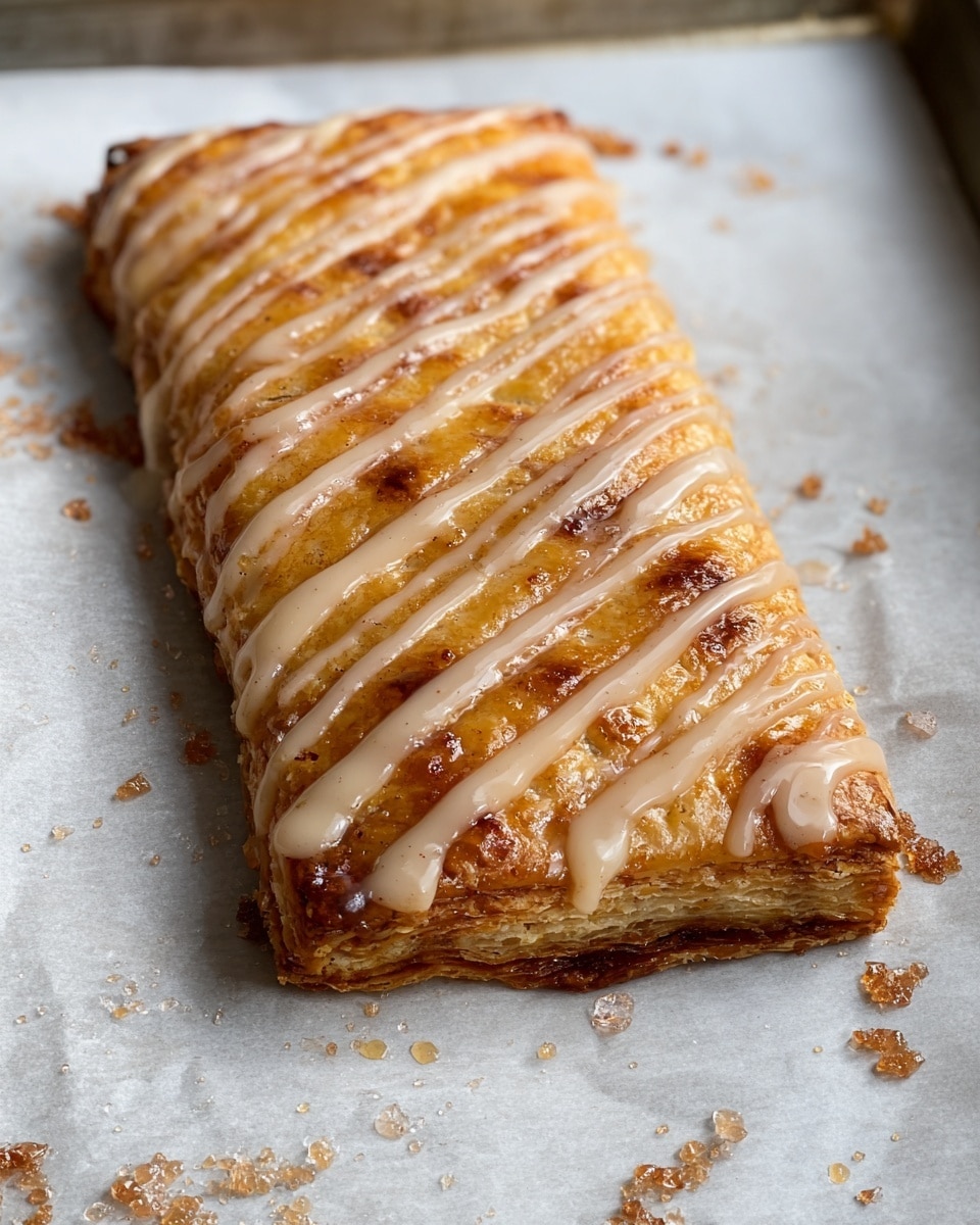 The image shows a single rectangular pastry resting on white baking paper on a metal tray. The pastry has a golden-brown crust with a flaky texture and a slightly puffed surface. Diagonal ridges create a striped pattern on the top layer. Over the pastry, there is a smooth drizzle of light cinnamon-colored icing applied evenly in diagonal lines matching the ridges. Some darker caramelized spots and a few scattered sugar crystals add texture around the pastry on the baking paper. The scene is lit by natural light, highlighting the shiny glaze and crisp crust. Photo taken with an iphone --ar 4:5 --v 7