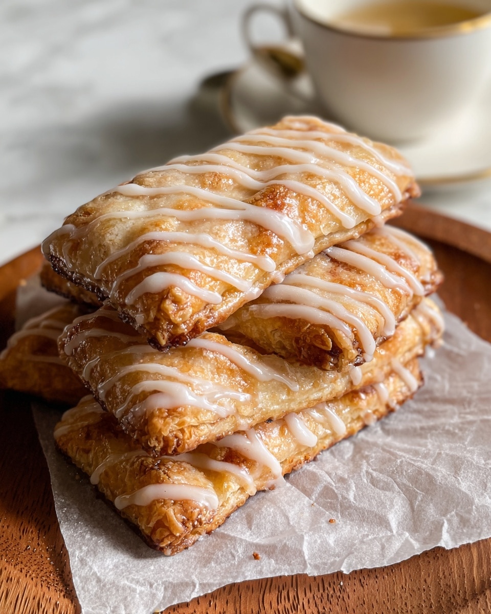 The image shows a stack of five golden-brown rectangular pastries with a textured, flaky crust, each topped with thin, wavy lines of light tan icing drizzled across the surface. The pastries are placed on a wrinkled white parchment paper, resting on a round wooden board that is on a white marbled surface. In the background, slightly out of focus, is a white cup and saucer with a small golden spoon inside the cup. The lighting highlights the crisp texture and the glossy icing on the pastries. photo taken with an iphone --ar 4:5 --v 7