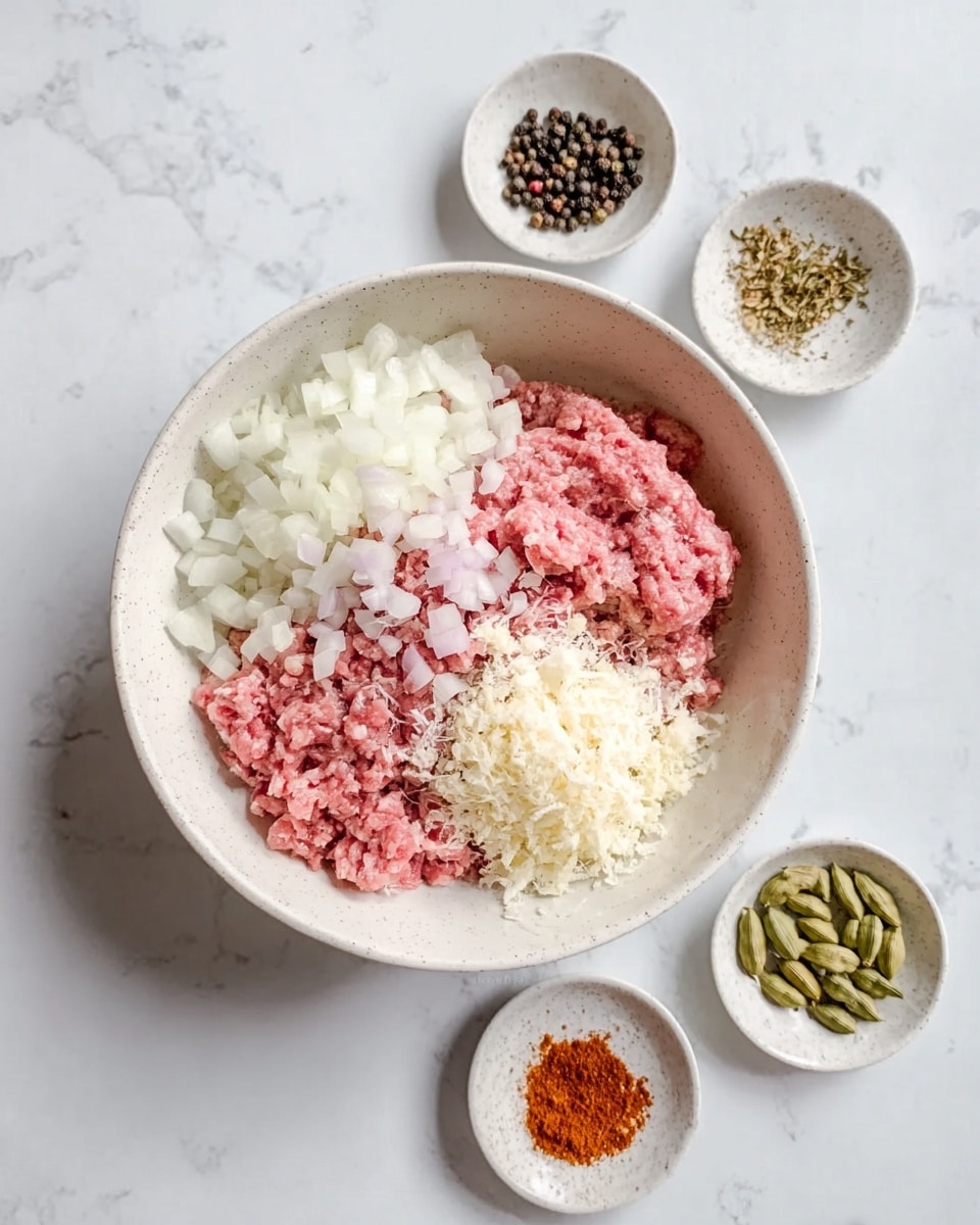 The image shows a white bowl on a white marbled surface. Inside the bowl, there are four clear layers: one layer of light pink ground meat, a layer of finely chopped white onions, a layer of white grated cheese, and a layer of finely chopped garlic, all placed side by side with no mixing. Surrounding the bowl, there are three small white dishes, each containing different spices: one with small round black and white peppercorns, one with a powdered spice mix including red and brown spices, and one with whole green cardamom pods. The overall scene is bright and clean. photo taken with an iphone --ar 4:5 --v 7