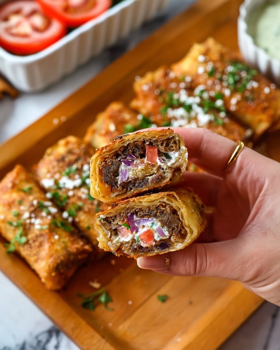 A close-up shows a pair of woman's hands holding a fried rolled snack cut in half, revealing four distinct layers: a golden-brown crispy outer shell, a dark brown grilled meat layer, a white creamy layer with green herbs, and small pieces of red tomato and purple onion mixed with green herbs inside. Behind the hands, more of these golden snacks are stacked on a light wooden board, sprinkled with some white cheese and herbs. In the blurred background, there is a white fluted dish with slices of tomato and onion and a bowl with a creamy green sauce, all set on a white marbled surface. Photo taken with an iphone --ar 4:5 --v 7