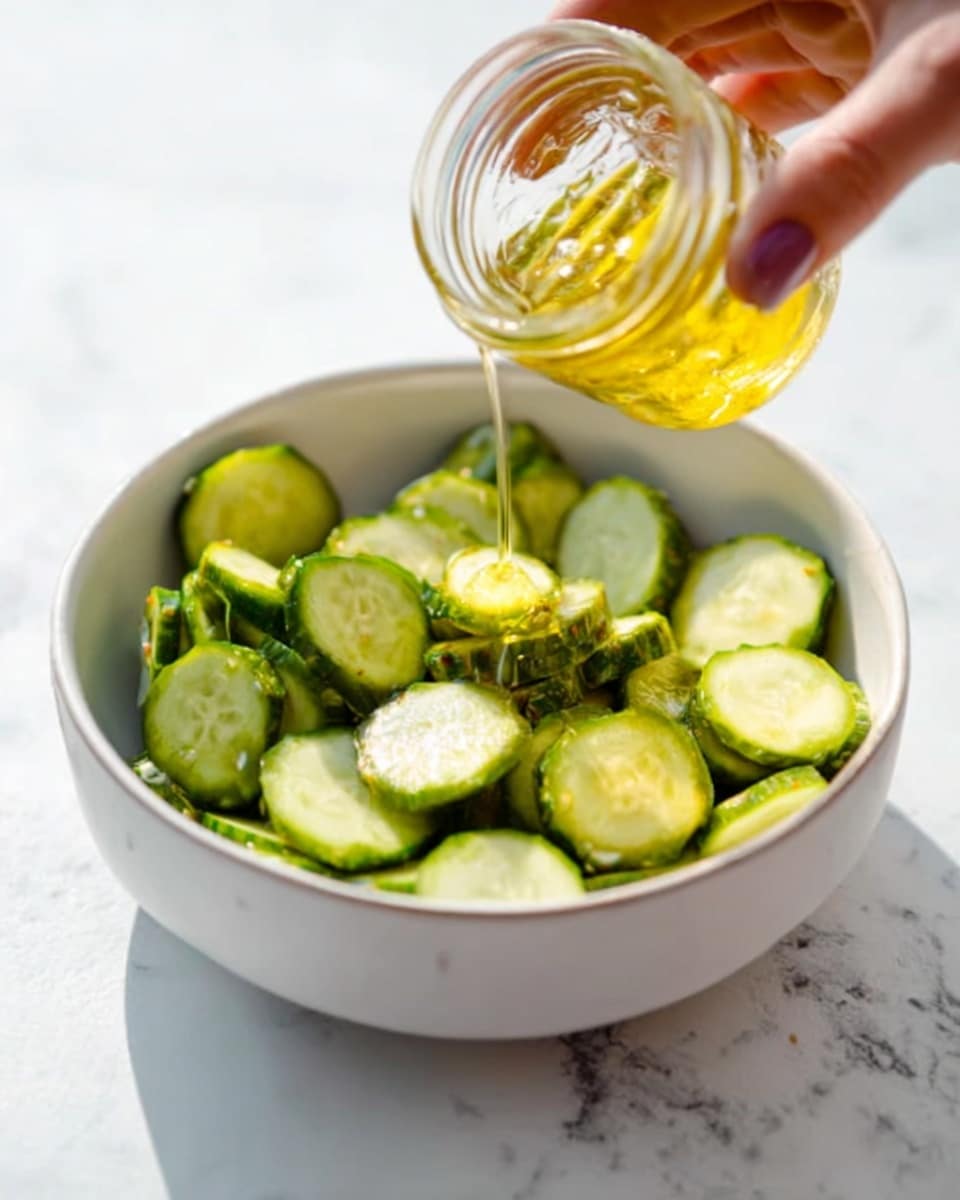A white bowl filled with many bright green slices of cucumber, arranged loosely inside. A woman's hand is pouring a golden-yellow liquid with a smooth texture from a small glass jar over the cucumber slices, catching the light and making it glisten. The background is a white marbled surface with soft natural light. photo taken with an iphone --ar 4:5 --v 7