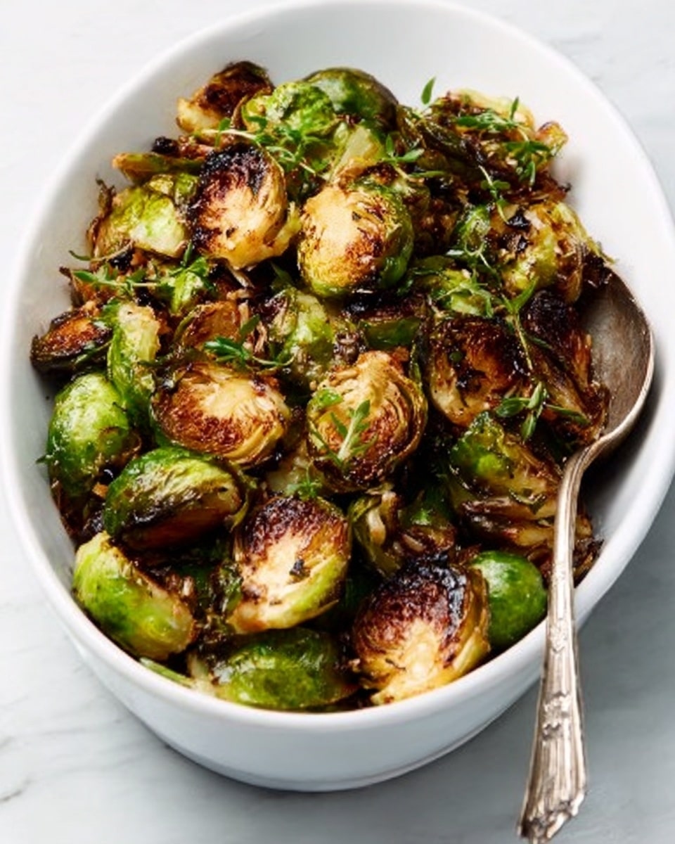 The image shows a white oval dish filled with roasted Brussels sprouts. The Brussels sprouts are golden brown and crispy on the outer leaves, with a mix of green and slightly charred edges, showing texture from roasting. A silver spoon is resting on the right side inside the dish. The dish is placed on a white marbled surface. Photo taken with an iphone --ar 4:5 --v 7
