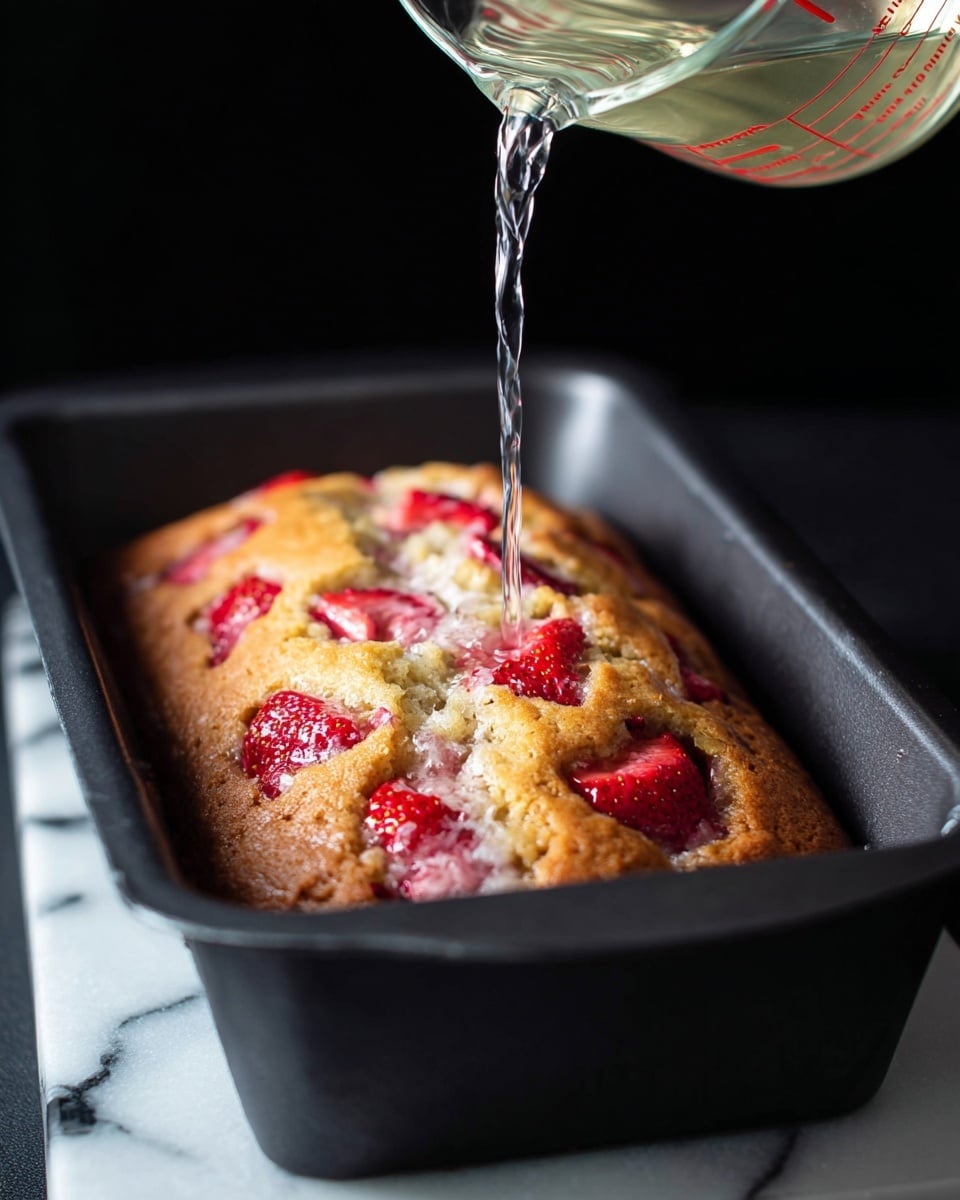 A close-up view of a fresh strawberry loaf cake sitting in a black loaf pan, with visible red strawberry pieces baked into the golden-brown, soft-textured surface; a clear liquid is being poured gently from a glass measuring cup onto the center of the cake. The scene is set against a dark background with the pan resting on a white marbled surface. photo taken with an iphone --ar 4:5 --v 7