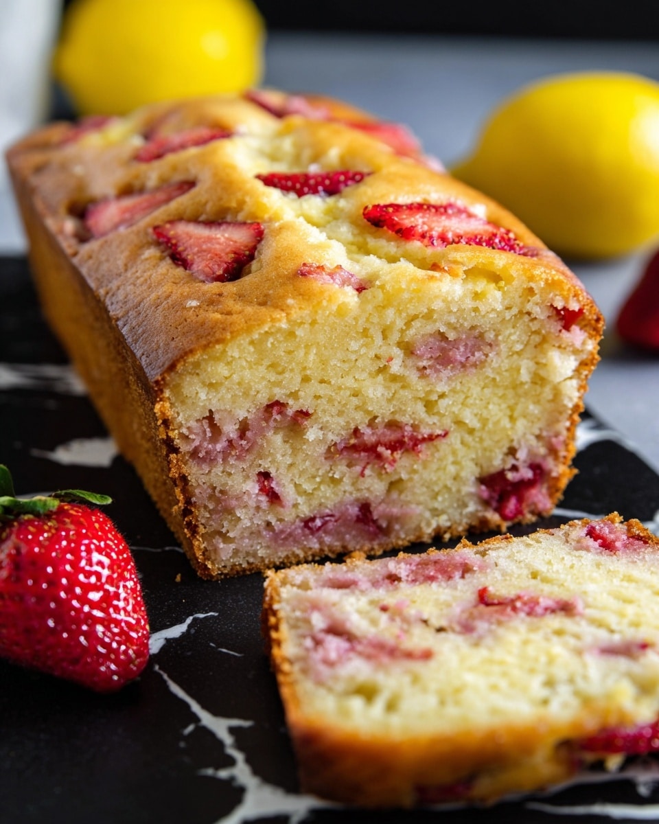 The image shows a close-up of a rectangular loaf cake with visible strawberry pieces mixed inside and on top of the golden-brown crust. The cake has a soft and moist texture with light yellow color and pinkish-red strawberry bits spread through the layers. One slice is cut in front of the loaf, showing the inside with evenly distributed strawberries. A fresh whole strawberry is placed in front of the slice on a black surface with a white marbled texture. In the background, a whole lemon and a strawberry are slightly blurred. Photo taken with an iphone --ar 4:5 --v 7