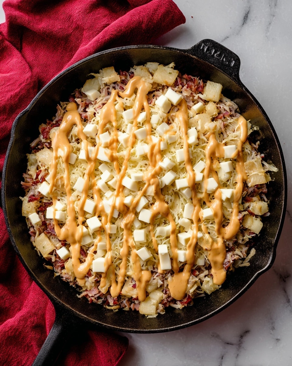 A black cast iron pan holds a layered dish placed on a white marbled surface with a red cloth partially visible on the upper side. The bottom layer consists of shredded light yellow and pink meat mixed with caramelized translucent onions. On top of this, a thick layer of small white cheese cubes is spread evenly. Finishing the dish is a drizzle of creamy orange sauce scattered across the cheese, creating a visually rich and textured look. Photo taken with an iphone --ar 4:5 --v 7