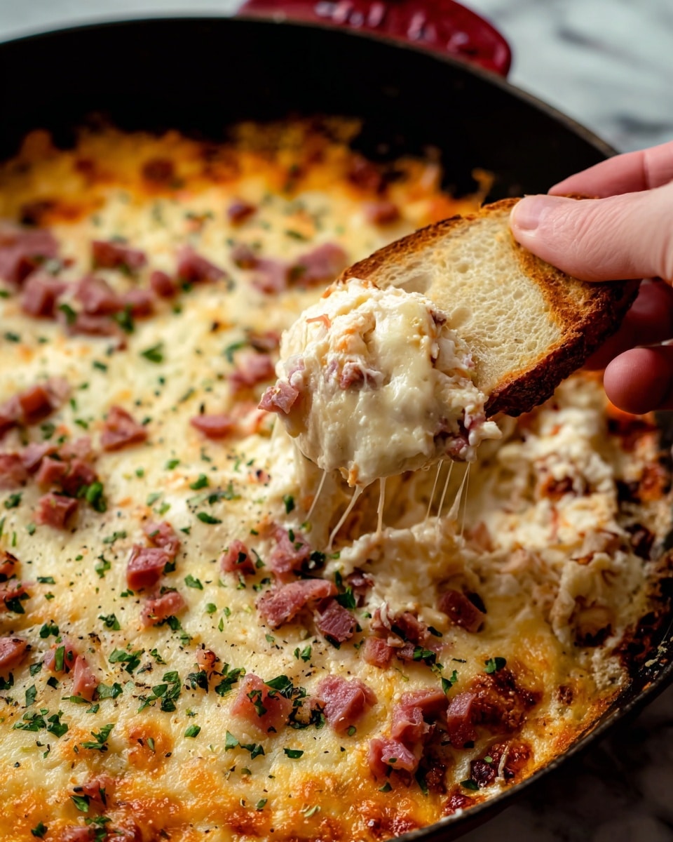 This image shows a close-up of a black pan filled with a baked dip that has a mix of melted white and orange cheese on top with small pieces of pinkish meat scattered throughout. The cheese looks bubbly and creamy, with some sprinkled green herbs adding color on the surface. A woman's hand is holding a small piece of toasted bread that is lightly browned with a crisp texture, scooping up a portion of the dip covered in stretchy melted cheese and bits of meat. The scene is set on a white marbled surface. Photo taken with an iphone --ar 4:5 --v 7