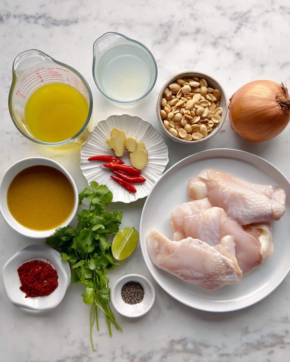 The image shows a white round plate with three raw chicken pieces placed side by side on the right side. Next to the plate, on the right, are a bowl of peanuts and a small bowl with salt and black pepper. To the top right of the plate sits a whole brown onion. Above the plate, a glass measuring jug holds a white liquid, and to the top left, another glass measuring jug contains a yellow broth. On the left side, a small white bowl holds a thick mustard-colored sauce, with fresh cilantro placed near it below a smaller white bowl that contains a light yellow oil. Above the oil bowl is a small round white dish with pieces of fresh ginger, two red chili peppers, and a garlic clove. Near the center top is a lime and next to it, a ruffled small white dish holds red paste. All items are arranged neatly on a white marbled surface. photo taken with an iphone --ar 4:5 --v 7