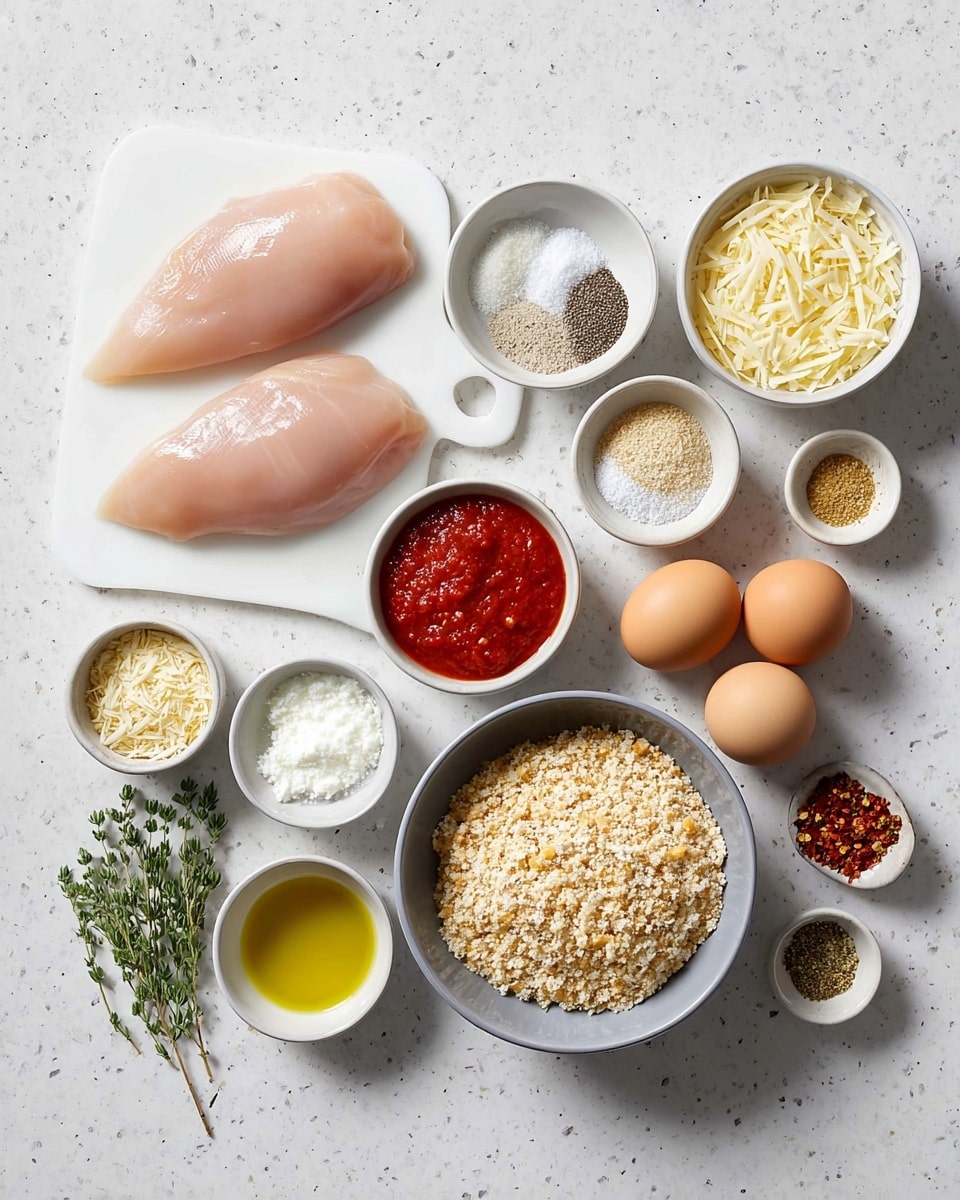 The image shows ingredients arranged neatly on a white marbled surface for a chicken dish. Two raw chicken breasts with a smooth light pink color sit on a small white cutting board to the left. Nearby are small white and grey bowls holding various seasonings: salt, pepper, flour with a powdery white texture, grated cheese in light yellow, shredded mozzarella with soft white strands, and a small bowl of bright red tomato sauce. A bowl of crushed golden brown breadcrumbs with a rough texture is centered, surrounded by two brown eggs in a grey bowl, a small bowl with yellow olive oil, and tiny bowls with ground spices including red pepper flakes and a powdery yellow seasoning. Fresh green herb sprigs lie beside the bowls, adding a touch of color to the clean, organized setting. Photo taken with an iphone --ar 4:5 --v 7