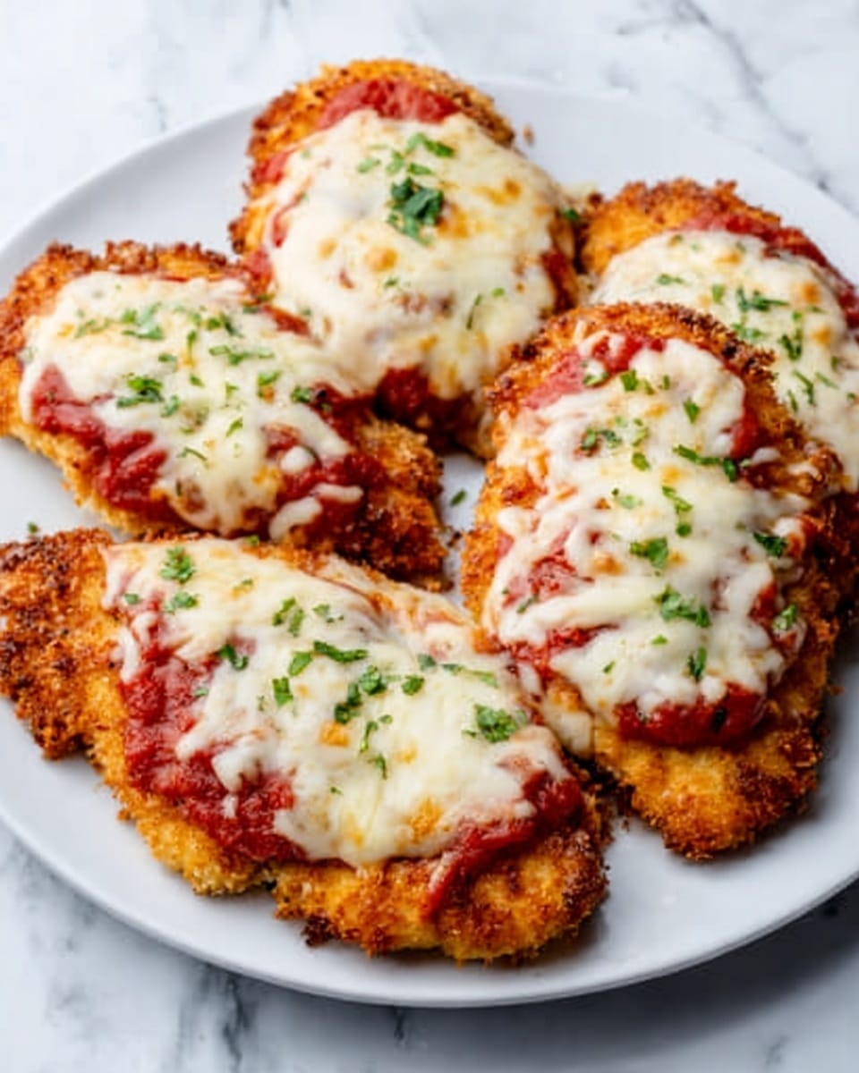 The image shows several pieces of golden brown fried chicken topped with red tomato sauce and melted white cheese that looks soft and slightly browned on top. Small green herb pieces are sprinkled over the cheese, adding color contrast. The chicken pieces are placed on a plain white plate, which sits on a white marbled surface. photo taken with an iphone --ar 4:5 --v 7
