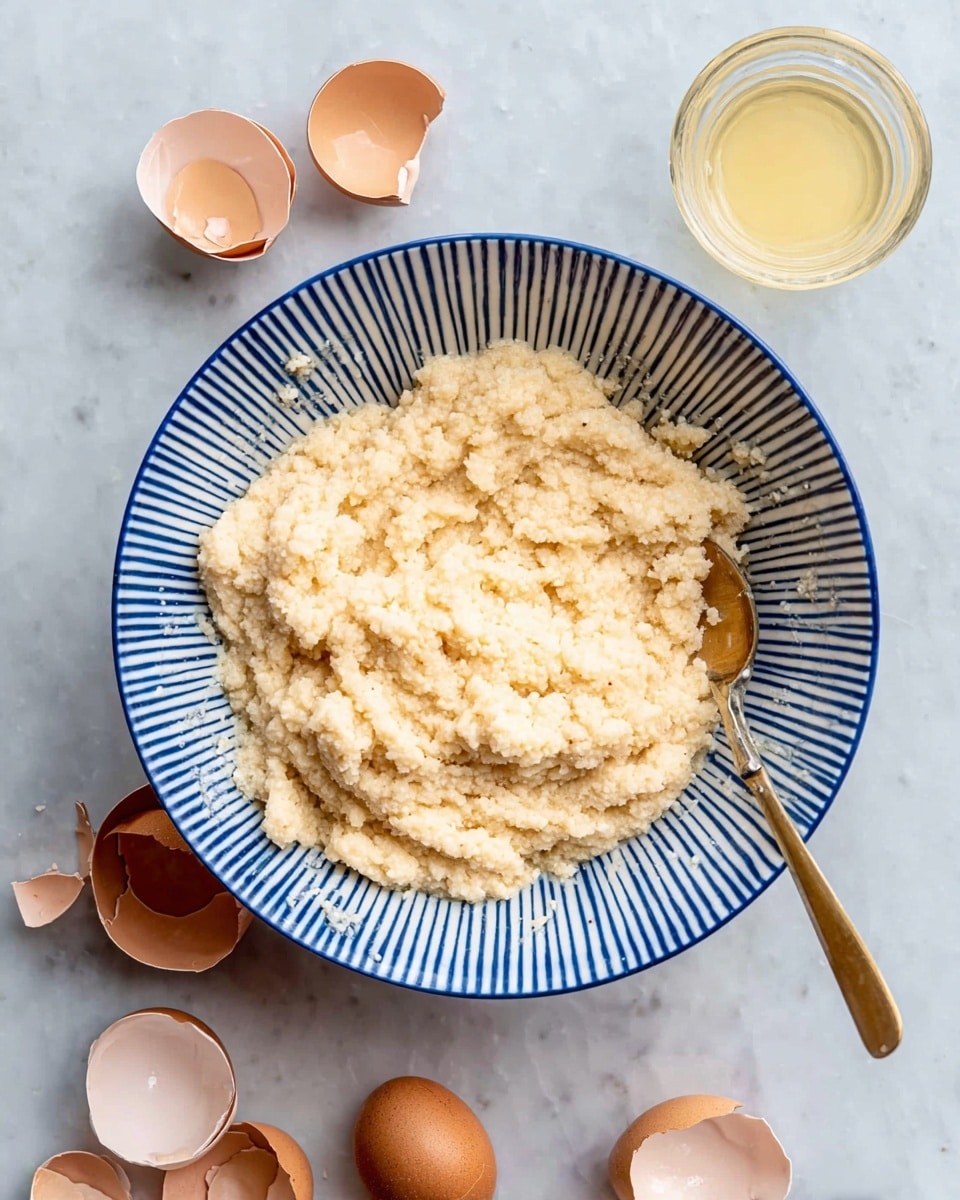A white bowl with blue vertical stripes around the edge is filled with a thick, creamy mixture that looks light beige and has a lumpy texture. A golden spoon is partially inserted into the mixture, resting on the left side of the bowl. Around the bowl on a white marbled surface are several broken brown eggshells scattered near a small clear glass cup filled with a pale yellow liquid. photo taken with an iphone --ar 4:5 --v 7