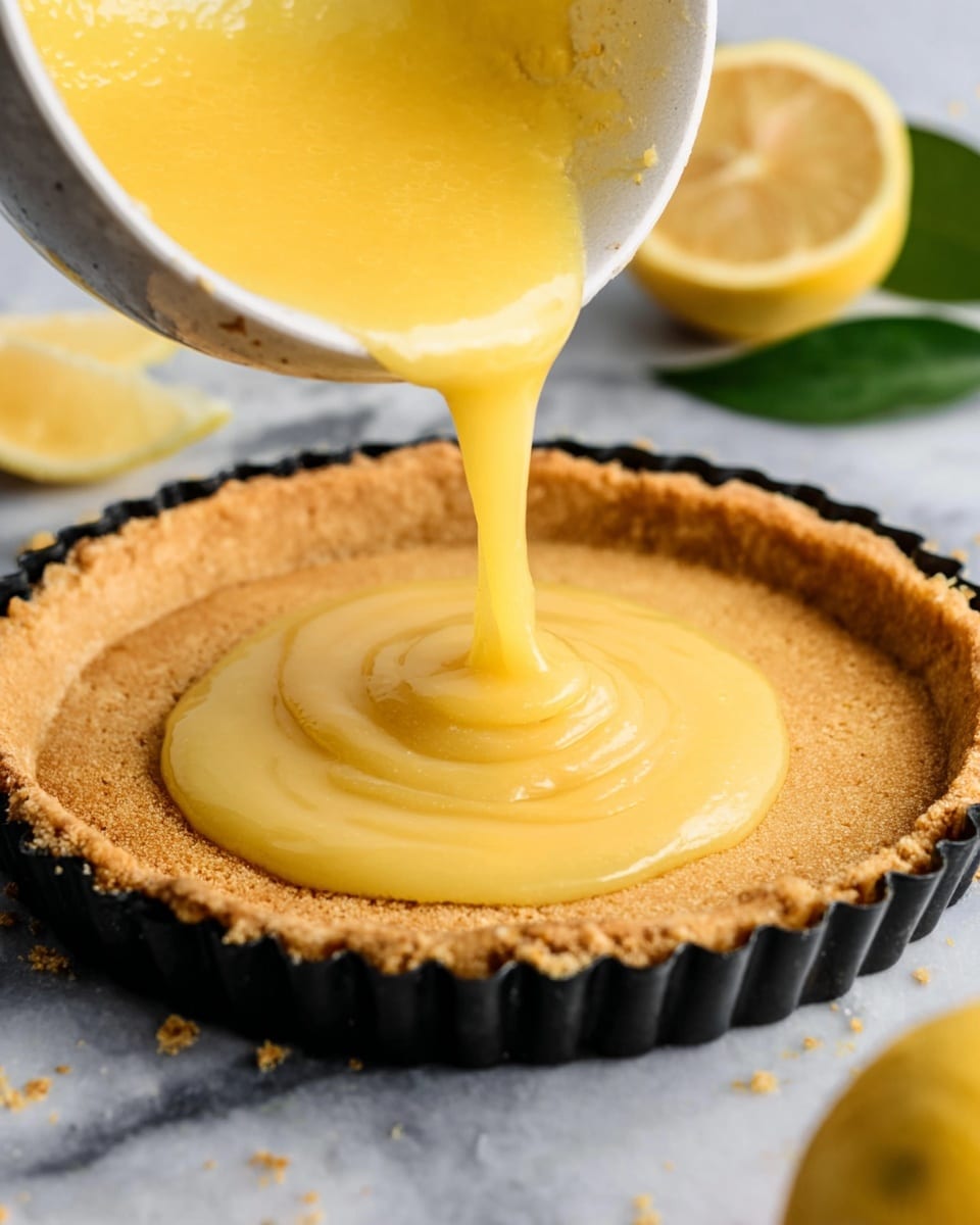 A golden yellow lemon filling is being poured smoothly from a white bowl into a single-layer, lightly browned pie crust with a textured surface and slightly raised, crisp edges, sitting inside a fluted black tart pan. The scene is set on a white marbled surface with a halved lemon and green leaves nearby, adding fresh color contrast. Photo taken with an iphone --ar 4:5 --v 7