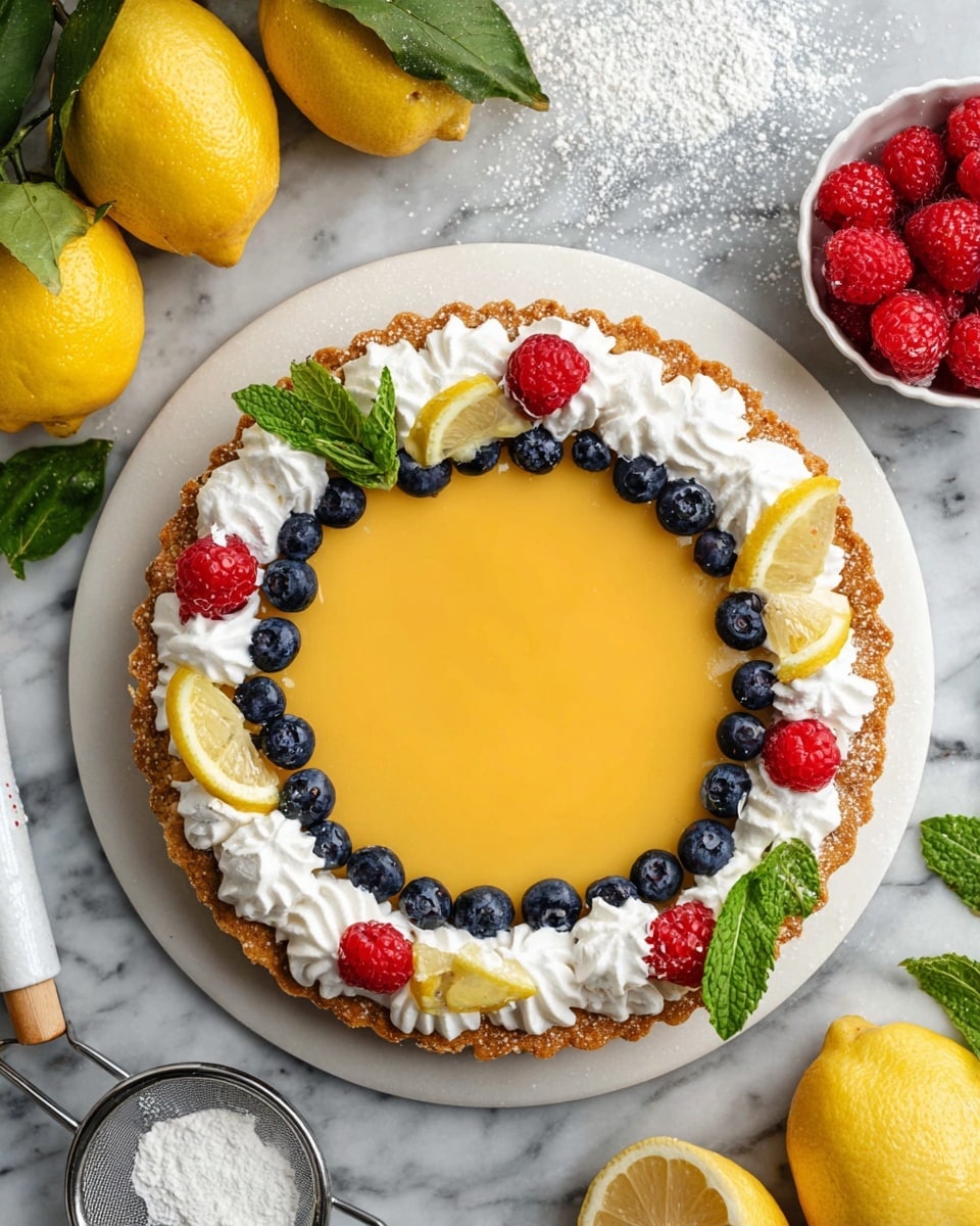 A round tart with three visible layers: a light brown crust forming the base and edges, a smooth bright yellow lemon filling in the center, and white whipped cream piped along the inner edge of the crust. The whipped cream layer is decorated with whole fresh blueberries, red raspberries, small lemon wedges, and green mint leaves evenly spaced around the tart. The tart is placed on a white round board that rests on a white marbled surface. Surrounding the tart are whole lemons with leaves, a small white bowl filled with raspberries and blueberries, a white piping bag, and a fine metal sieve with powdered sugar. photo taken with an iphone --ar 4:5 --v 7